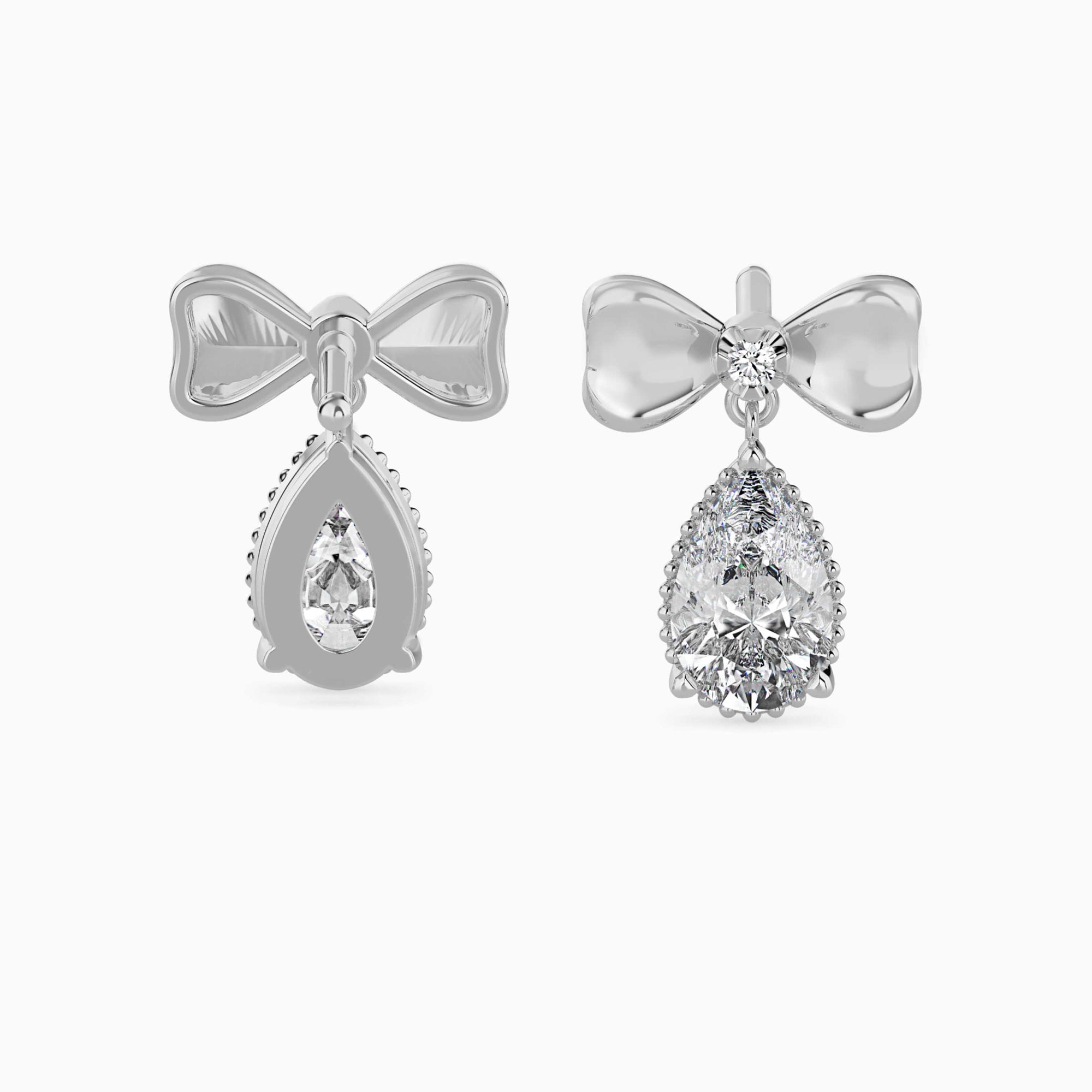 Pear-Shaped Lab-Grown Diamond Bow Drop Earrings in White Gold Back View