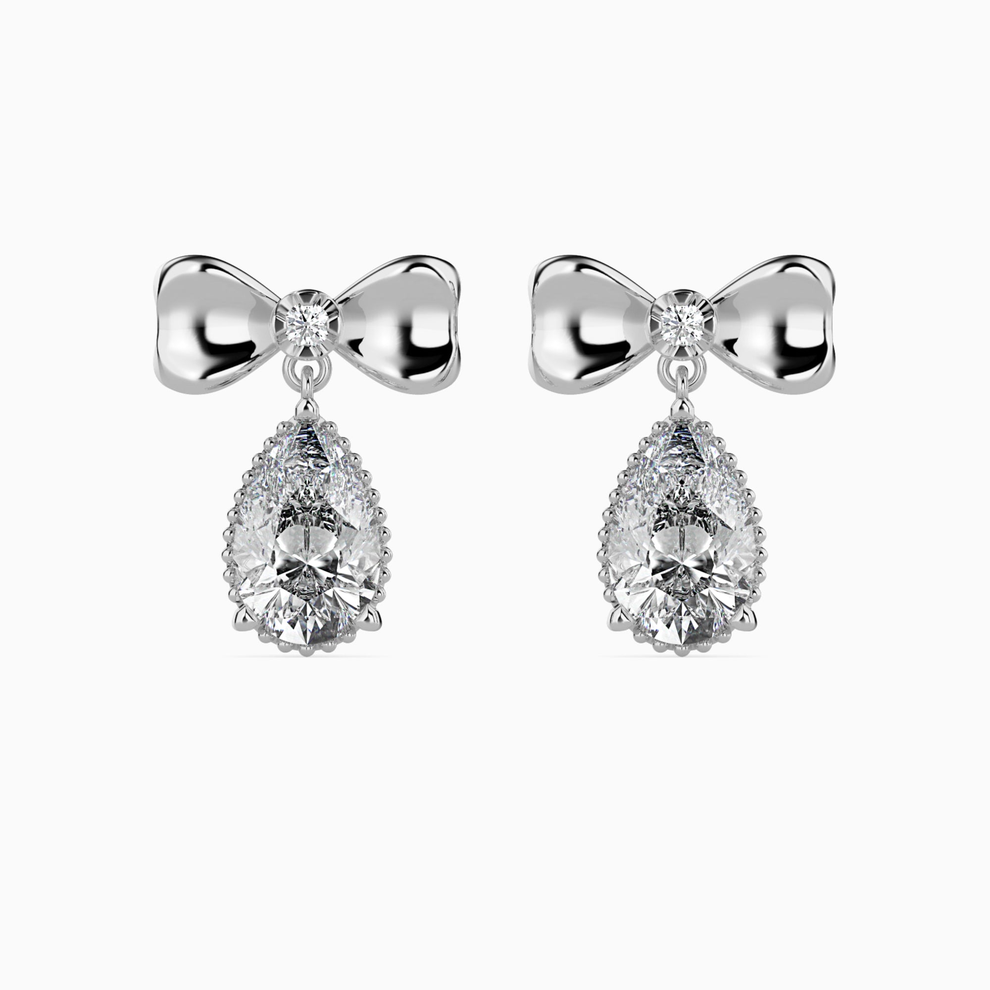 Pear-Shaped Lab-Grown Diamond Bow Drop Earrings in White Gold Front View