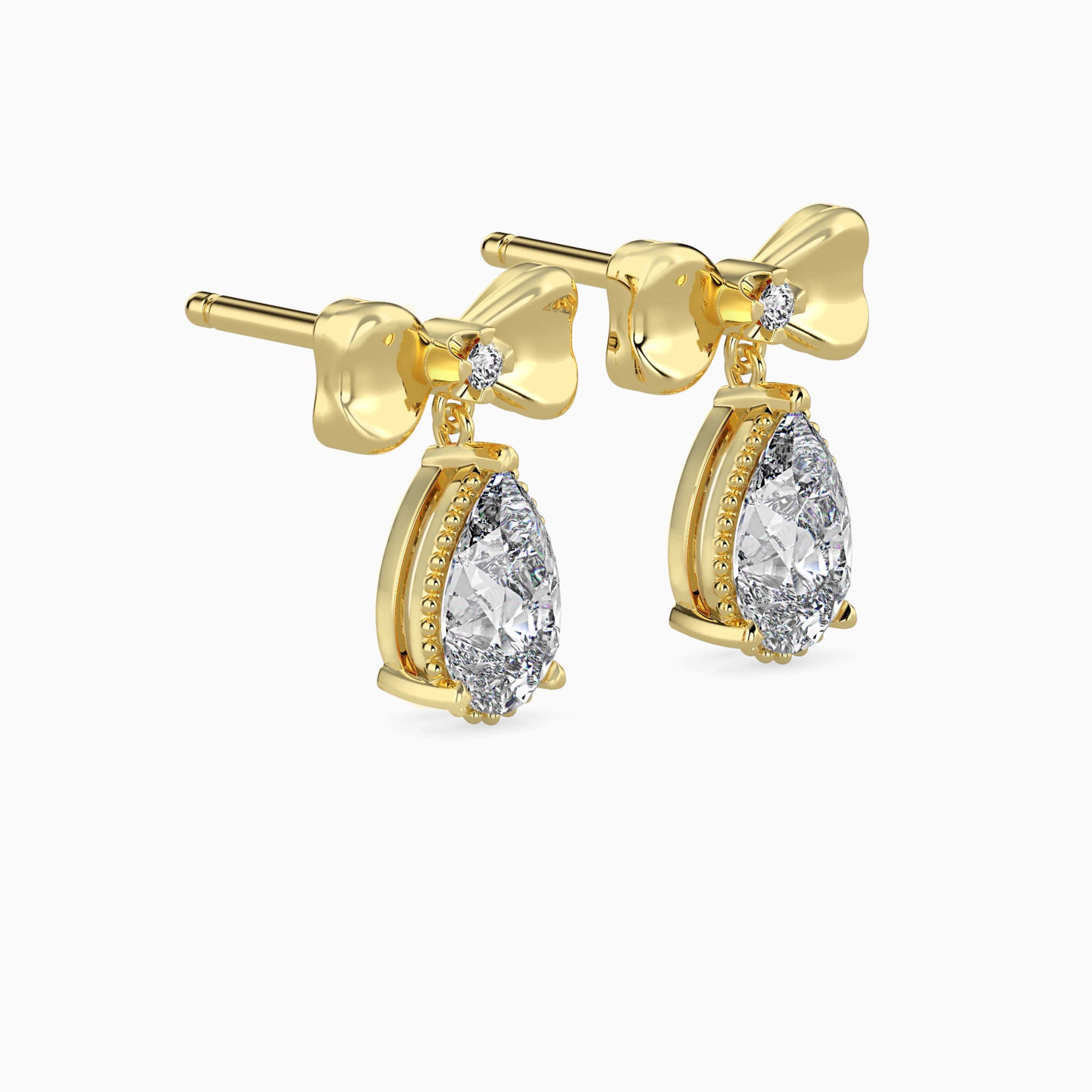 Pear-Shaped Lab-Grown Diamond Bow Drop Earrings in Yellow Gold Side View