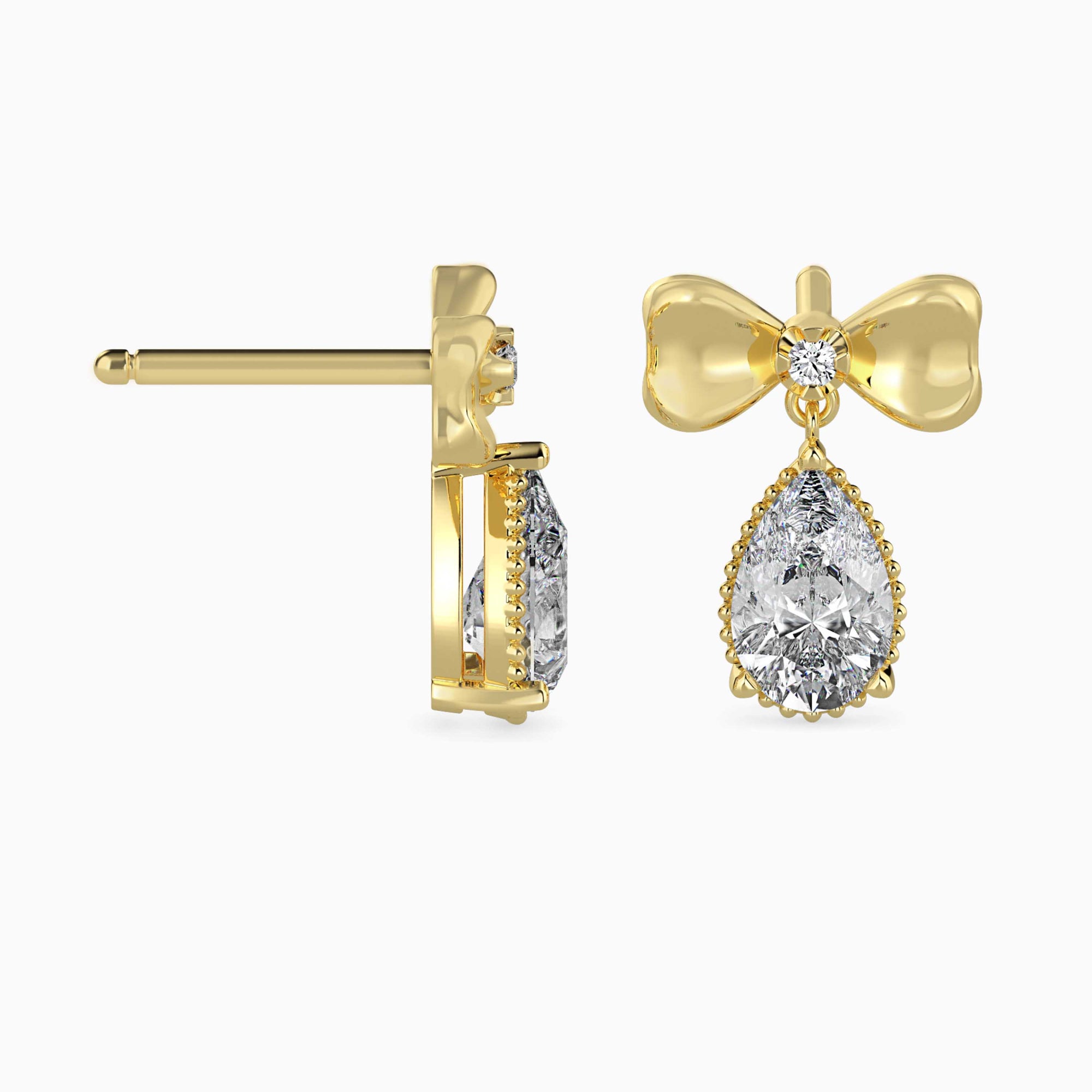 Pear-Shaped Lab-Grown Diamond Bow Drop Earrings in Yellow Gold Side View