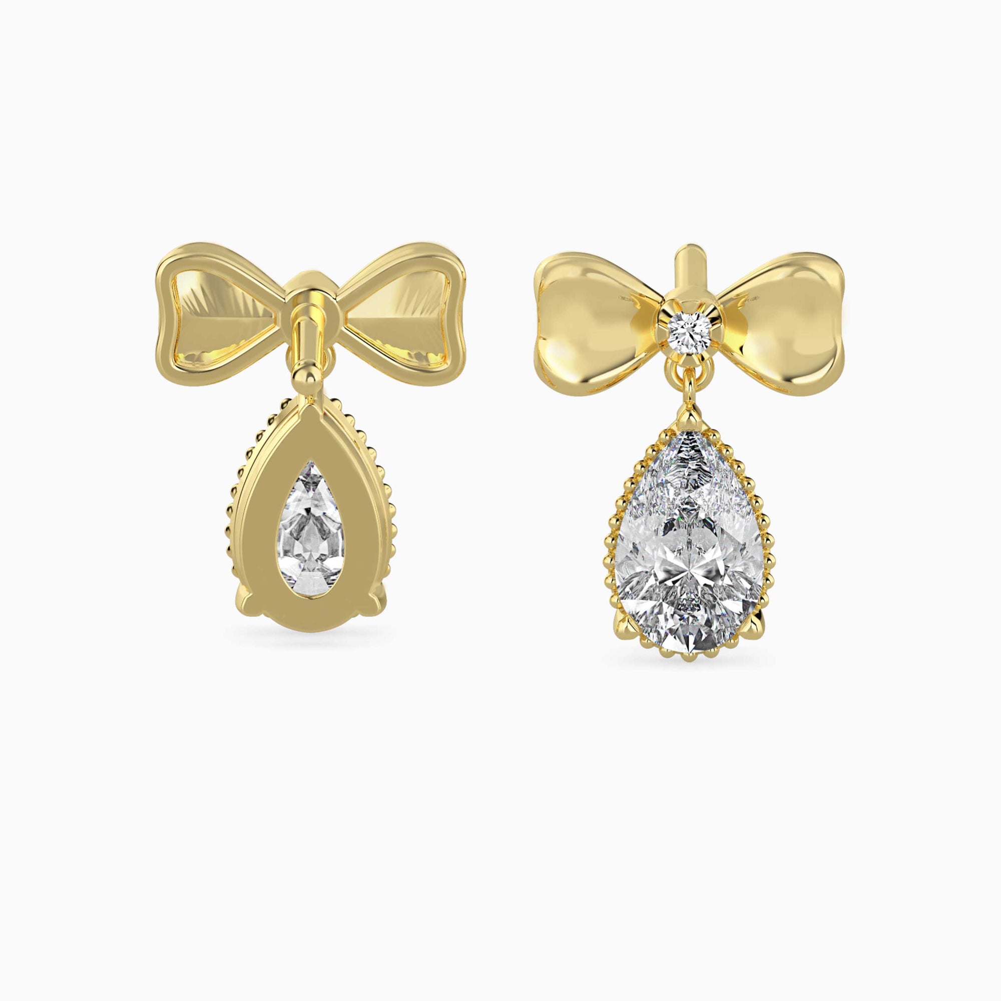 Pear-Shaped Lab-Grown Diamond Bow Drop Earrings in Yellow Gold Back View