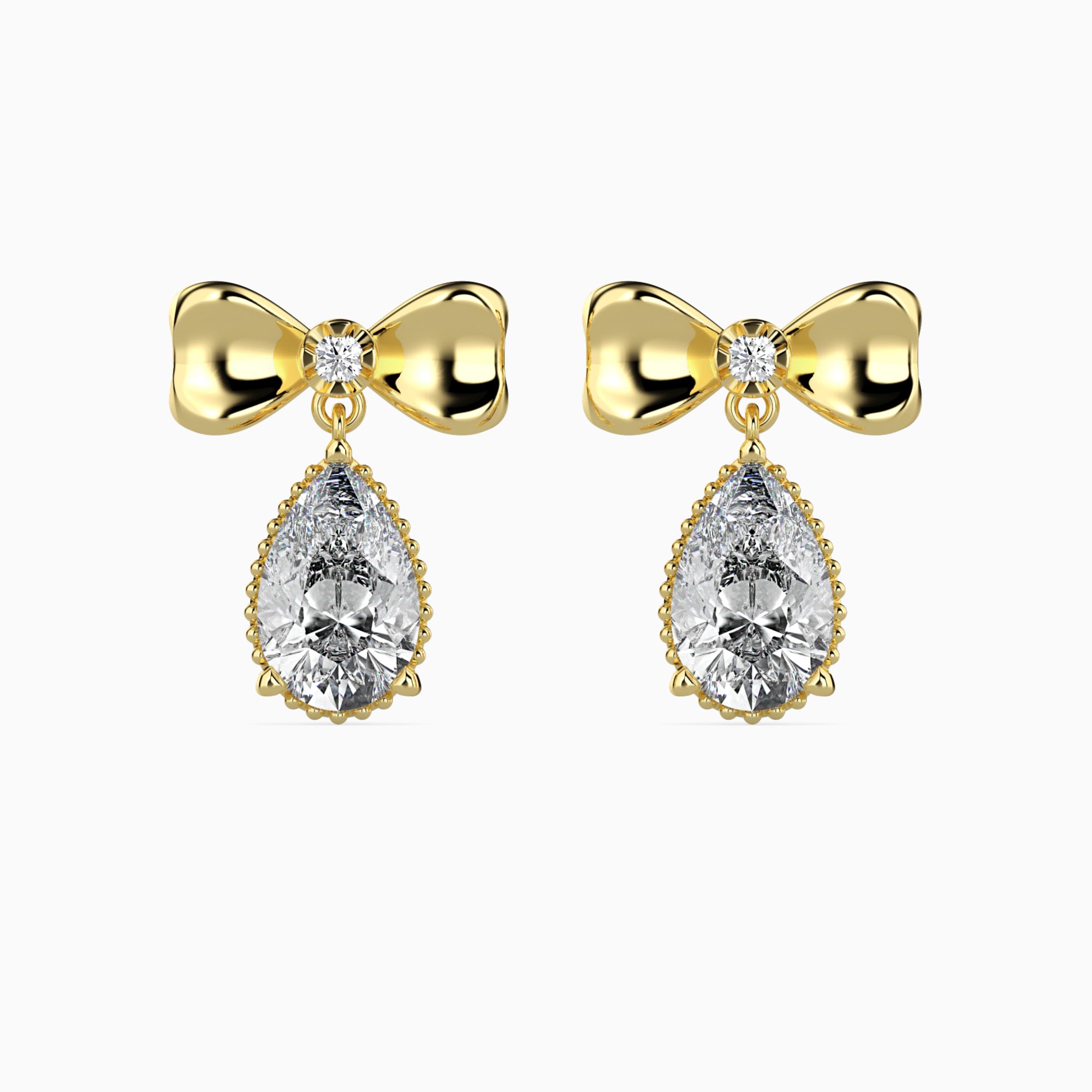 Pear-Shaped Lab-Grown Diamond Bow Drop Earrings in Yellow Gold Front View