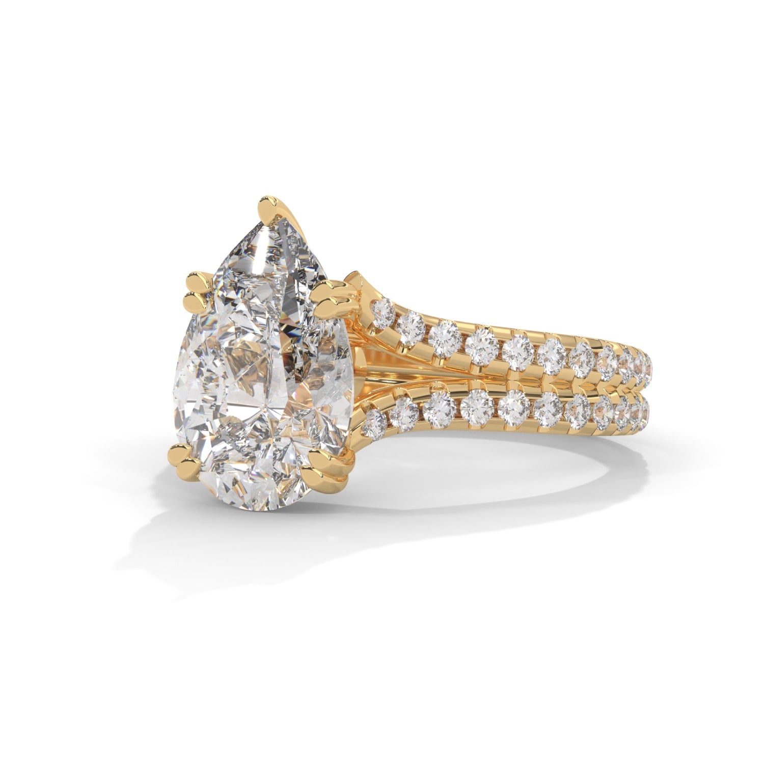 Pear-Shaped Lab-Grown Diamond Double-Band Pavé Engagement Ring in Yellow Gold