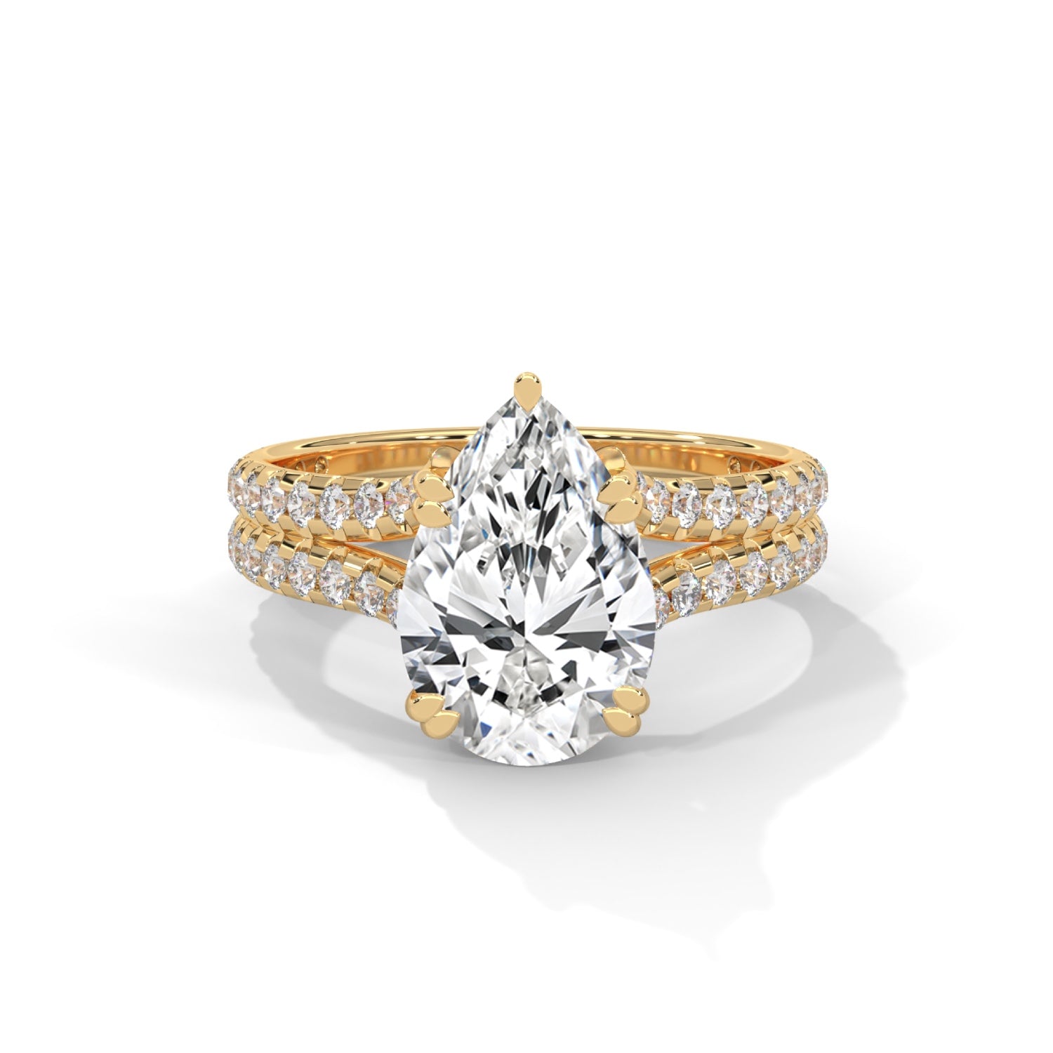 Pear-Shaped Lab-Grown Diamond Double-Band Pavé Engagement Ring in Yellow Gold