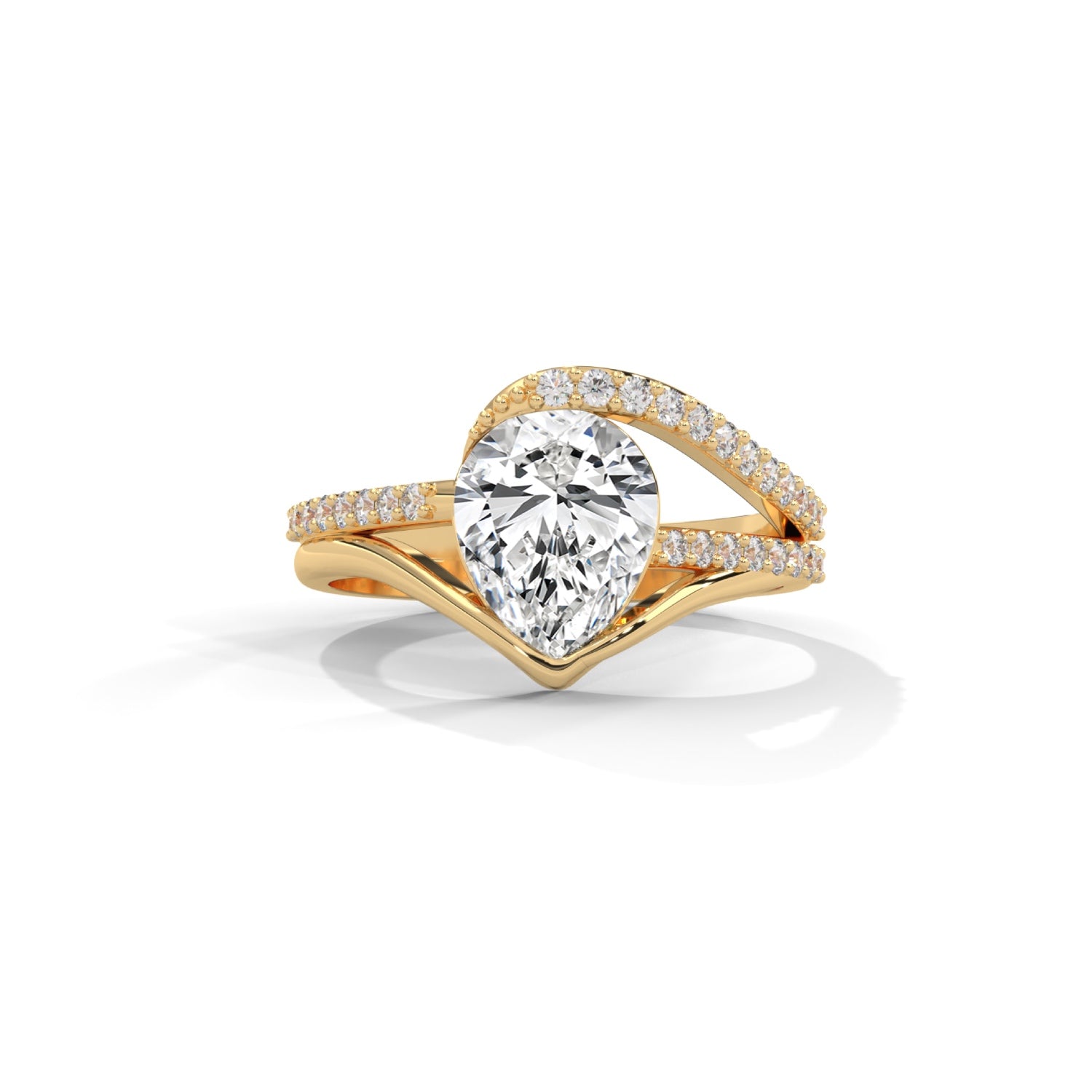 Pear-Shaped Lab-Grown Diamond Split Shank Pavé Engagement Ring in Yellow Gold