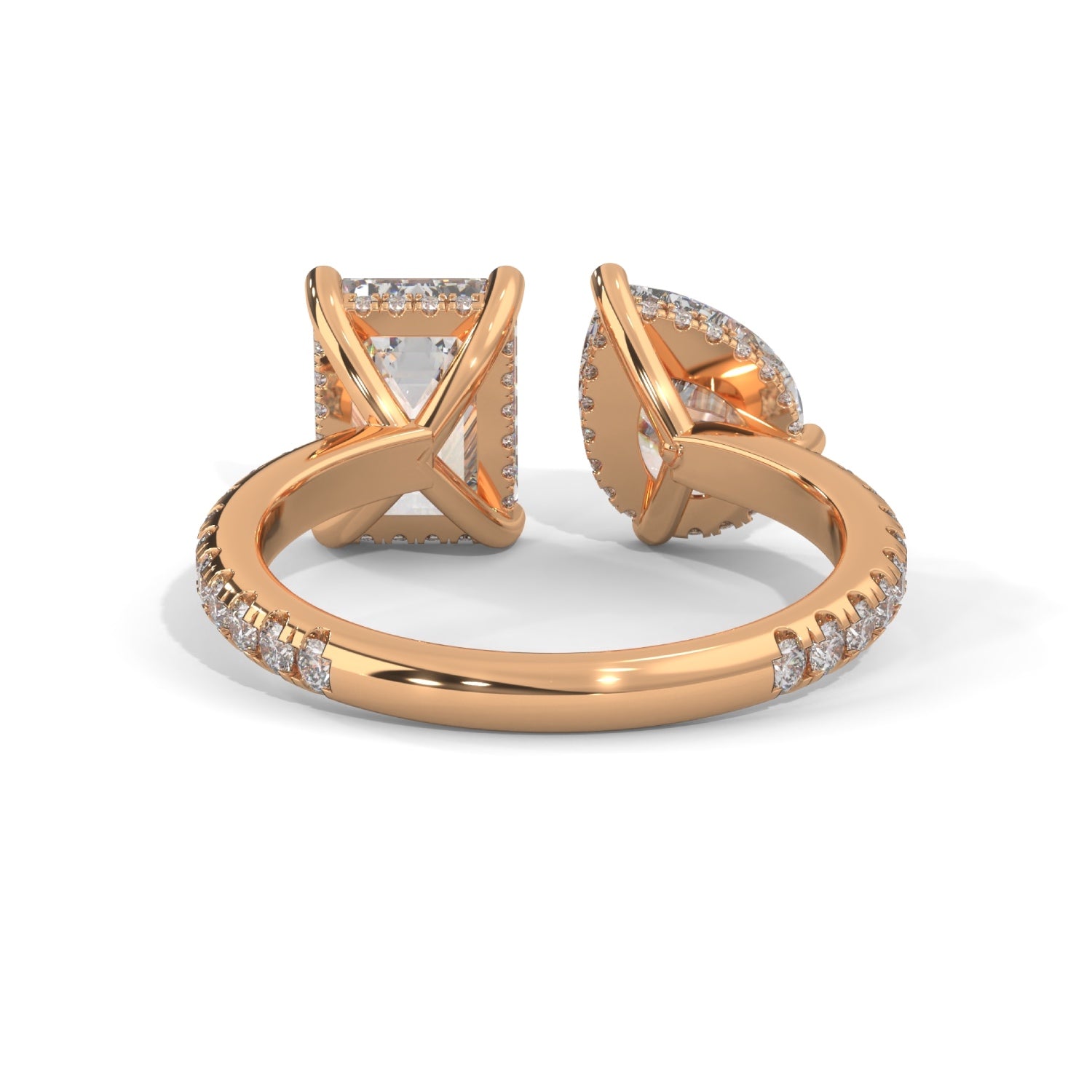 Pear and Emerald Cut Lab-Grown Diamond Toi et Moi Pavé Engagement Ring in Rose Gold