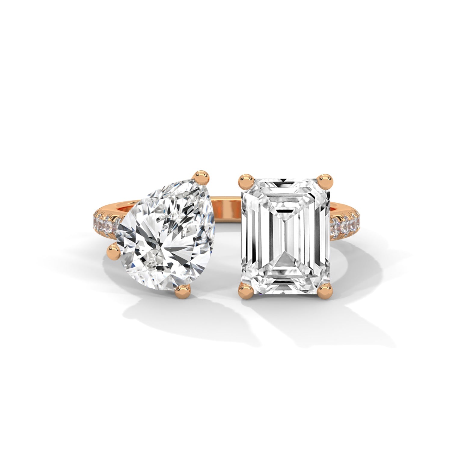 Pear and Emerald Cut Lab-Grown Diamond Toi et Moi Pavé Engagement Ring in Rose Gold