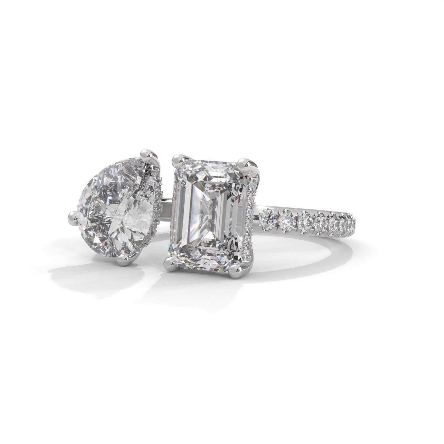 Pear and Emerald Cut Lab-Grown Diamond Toi et Moi Pavé Engagement Ring in White Gold