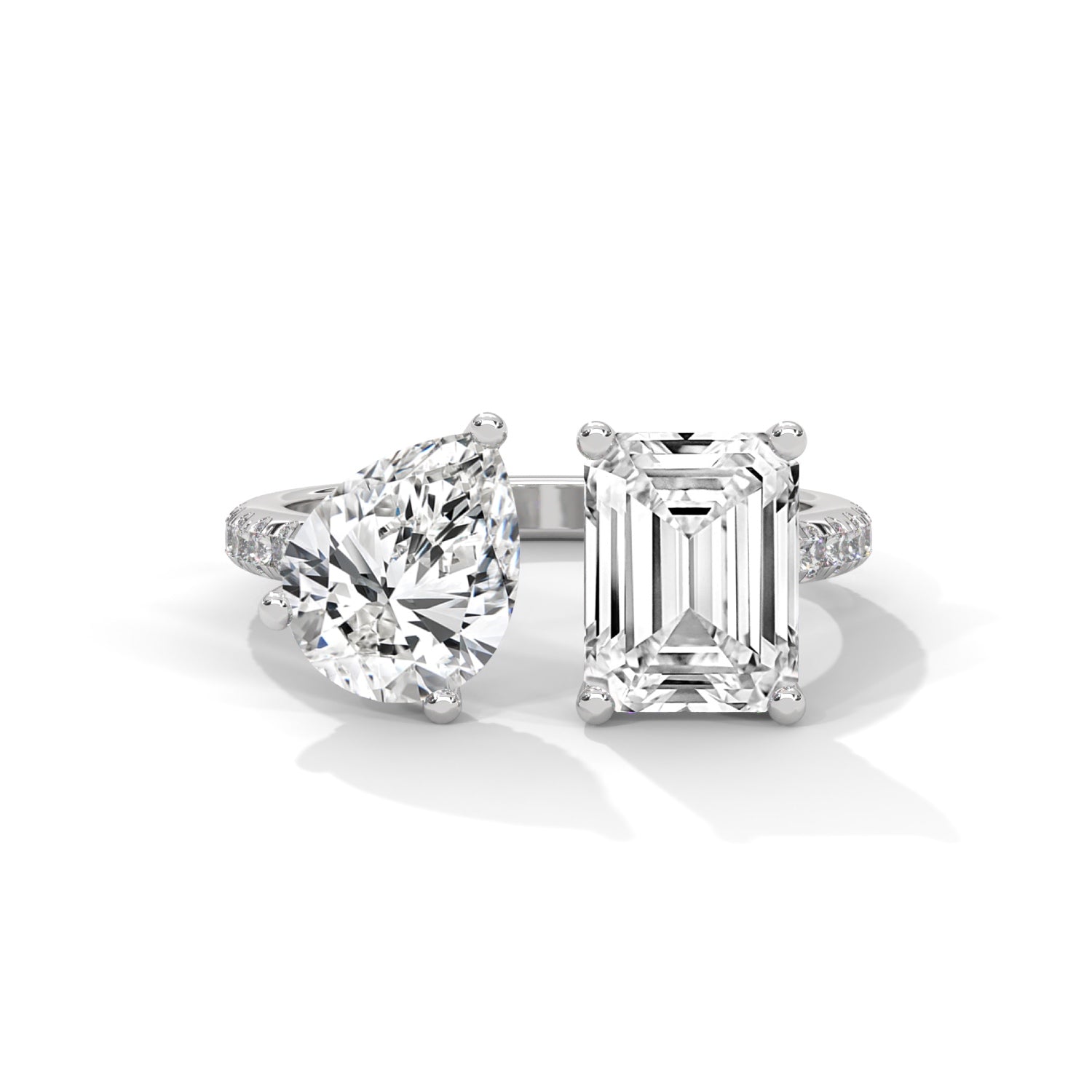 Pear and Emerald Cut Lab-Grown Diamond Toi et Moi Pavé Engagement Ring in White Gold