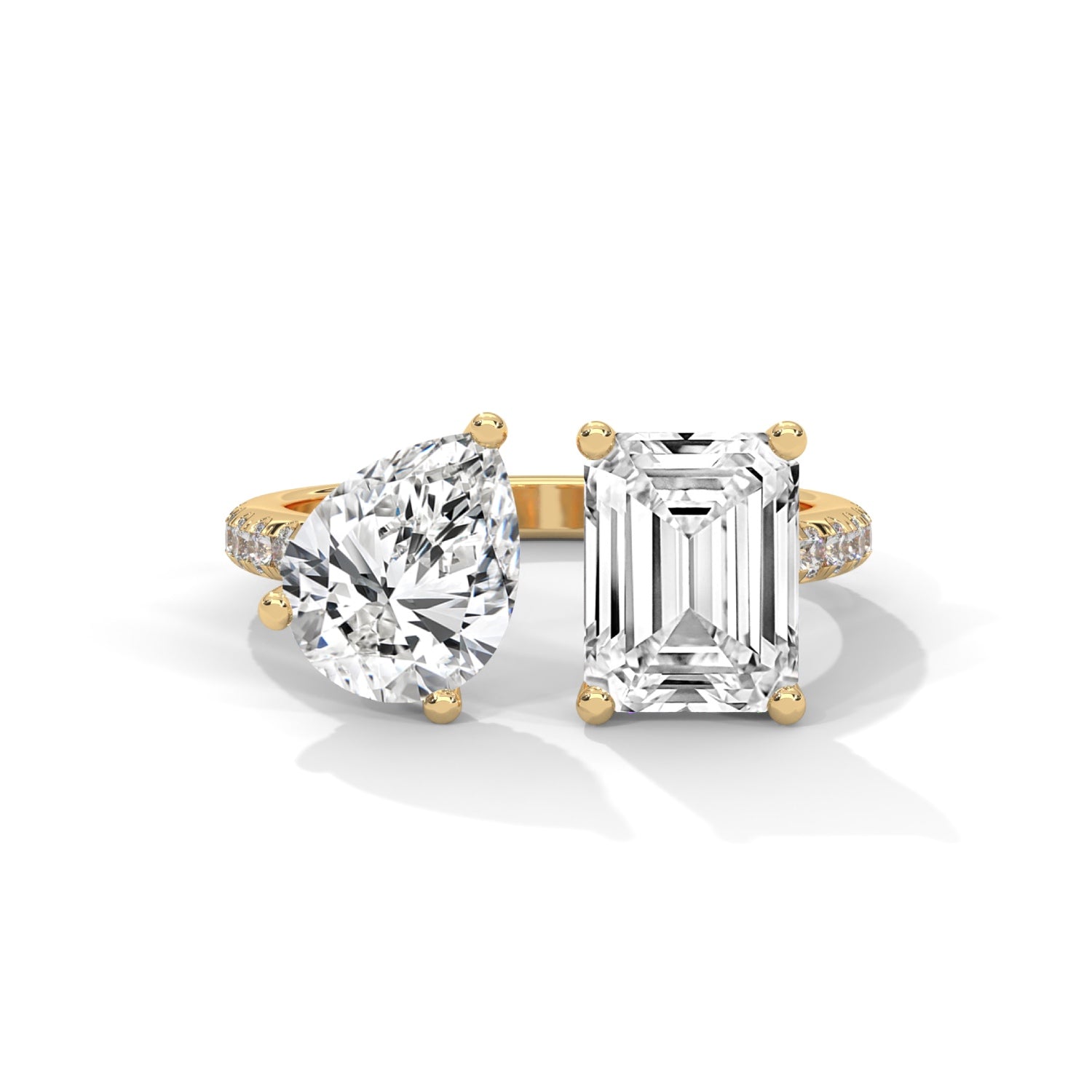 Pear and Emerald Cut Lab-Grown Diamond Toi et Moi Pavé Engagement Ring in Yellow Gold