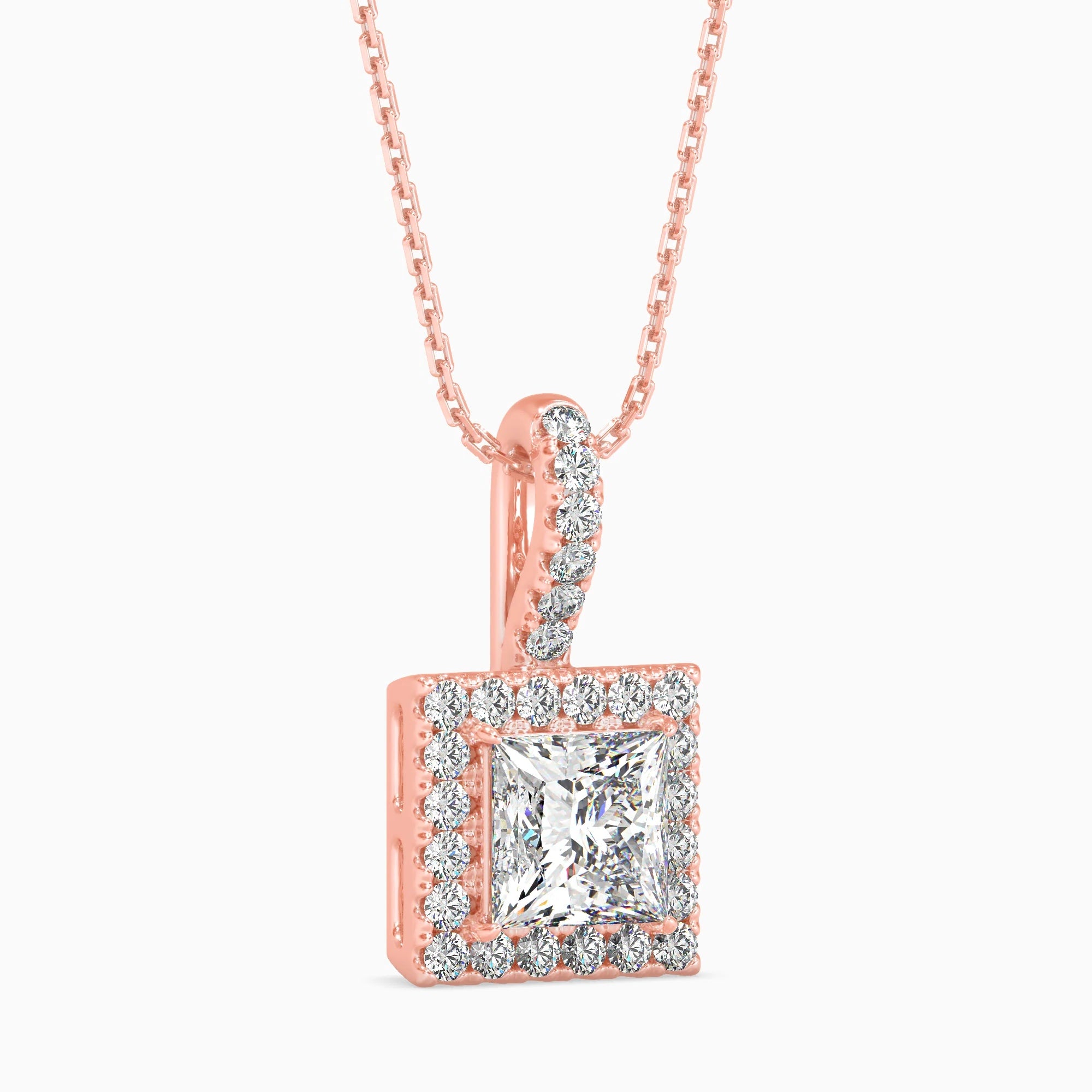 Princess Cut Lab-Grown Diamond Halo Pendant in Rose Gold