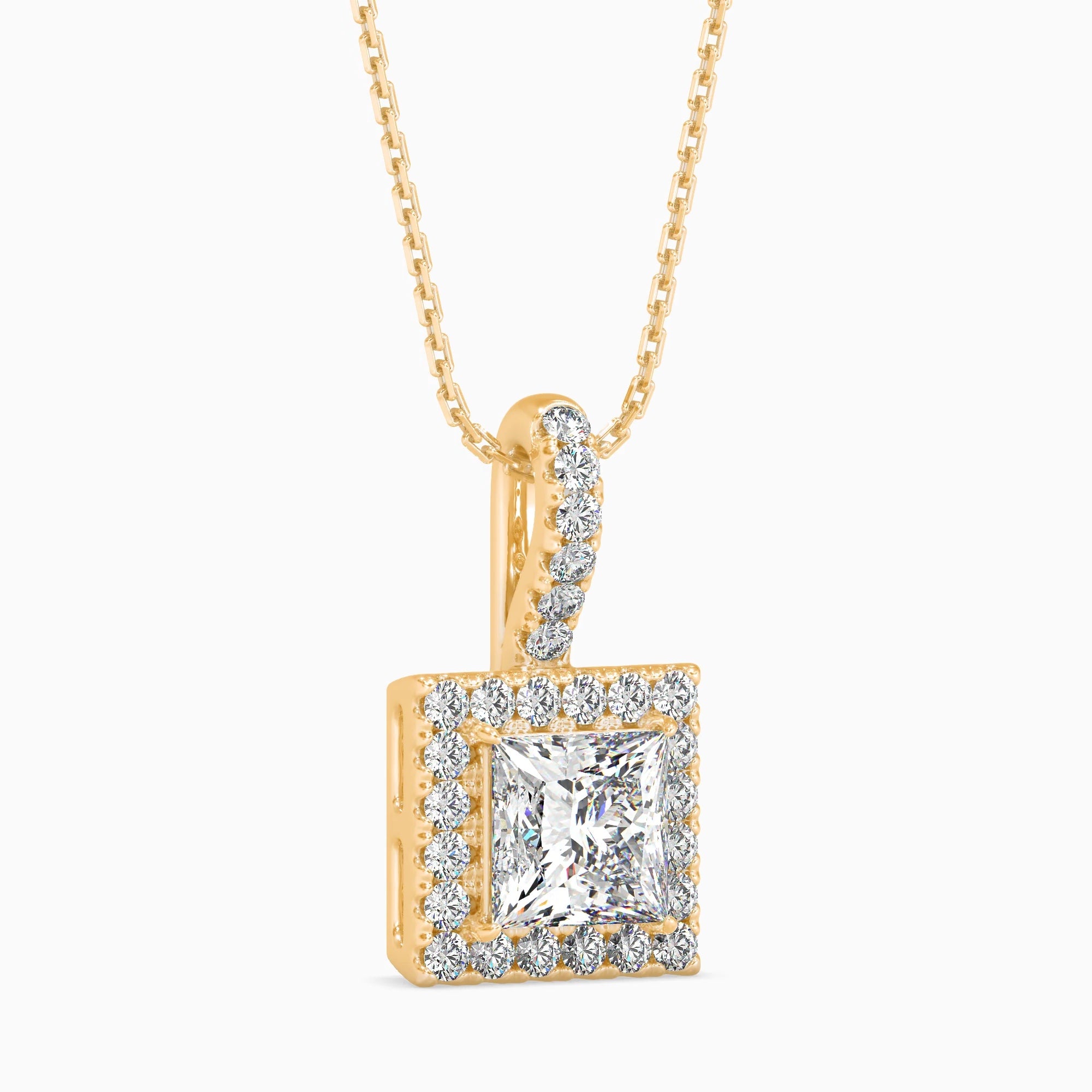 Princess Cut Lab-Grown Diamond Halo Pendant in Yellow Gold