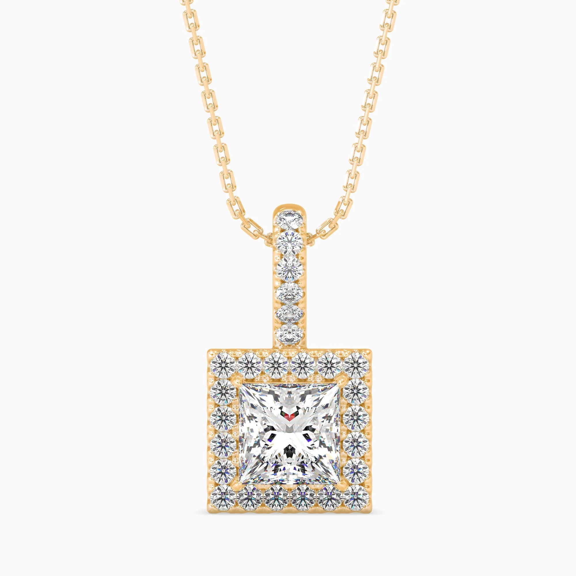 Princess Cut Lab-Grown Diamond Halo Pendant in Yellow Gold