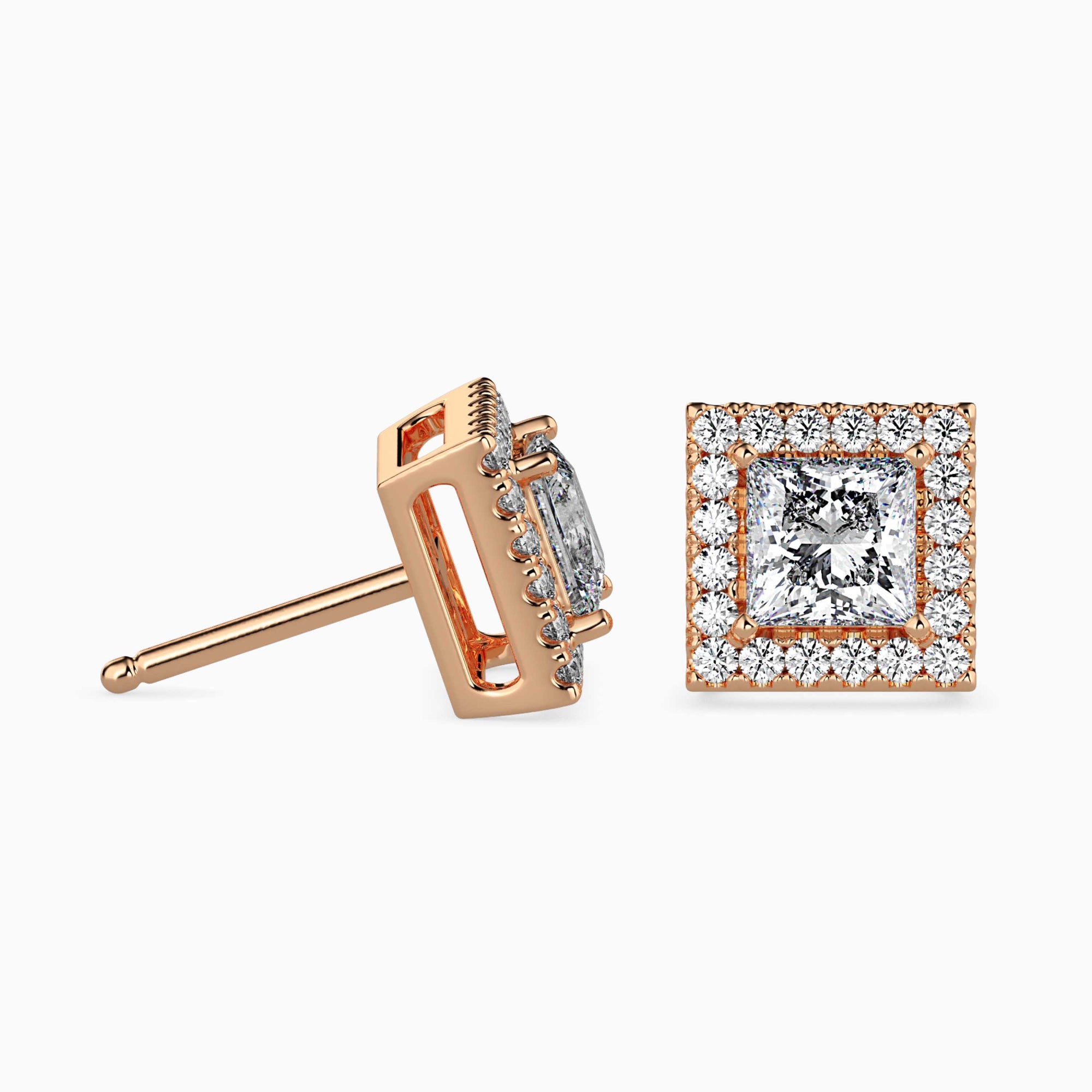 Princess Cut Lab-Grown Diamond Halo Stud Earrings in Rose Gold