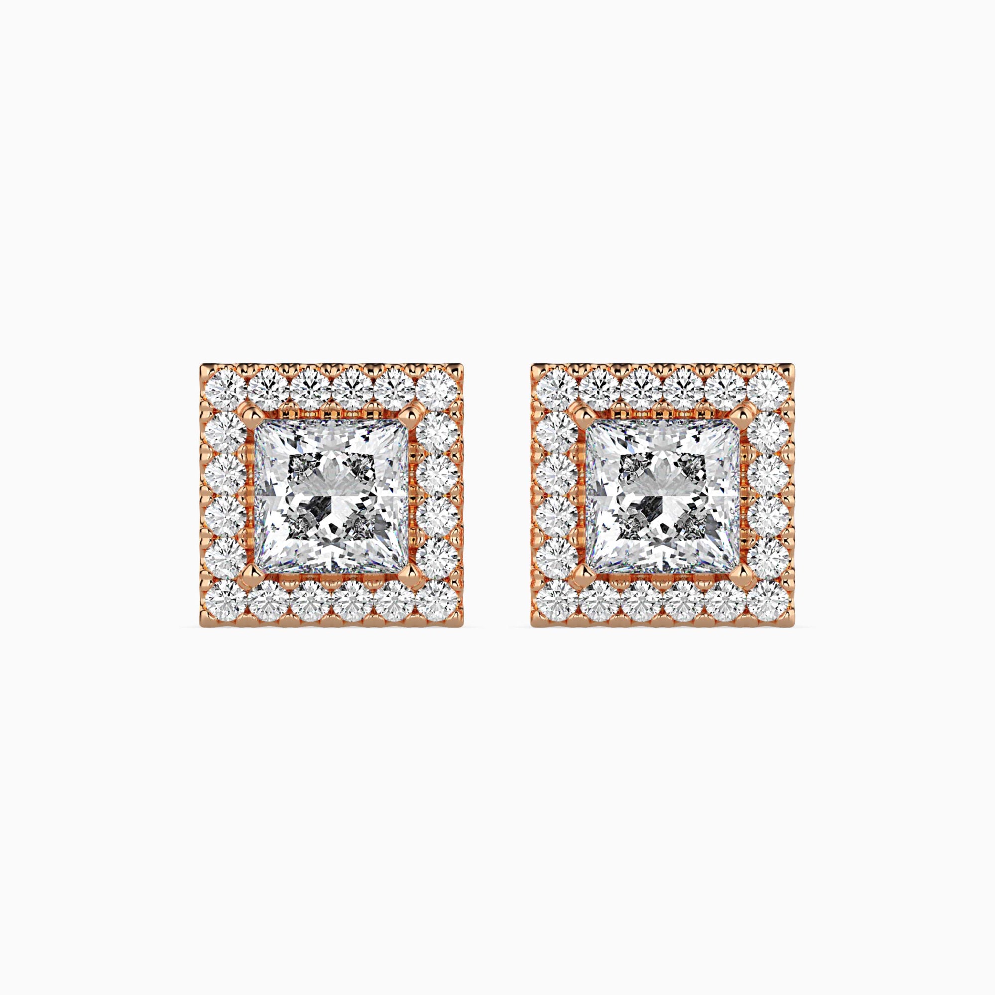Princess Cut Lab-Grown Diamond Halo Stud Earrings in Rose Gold