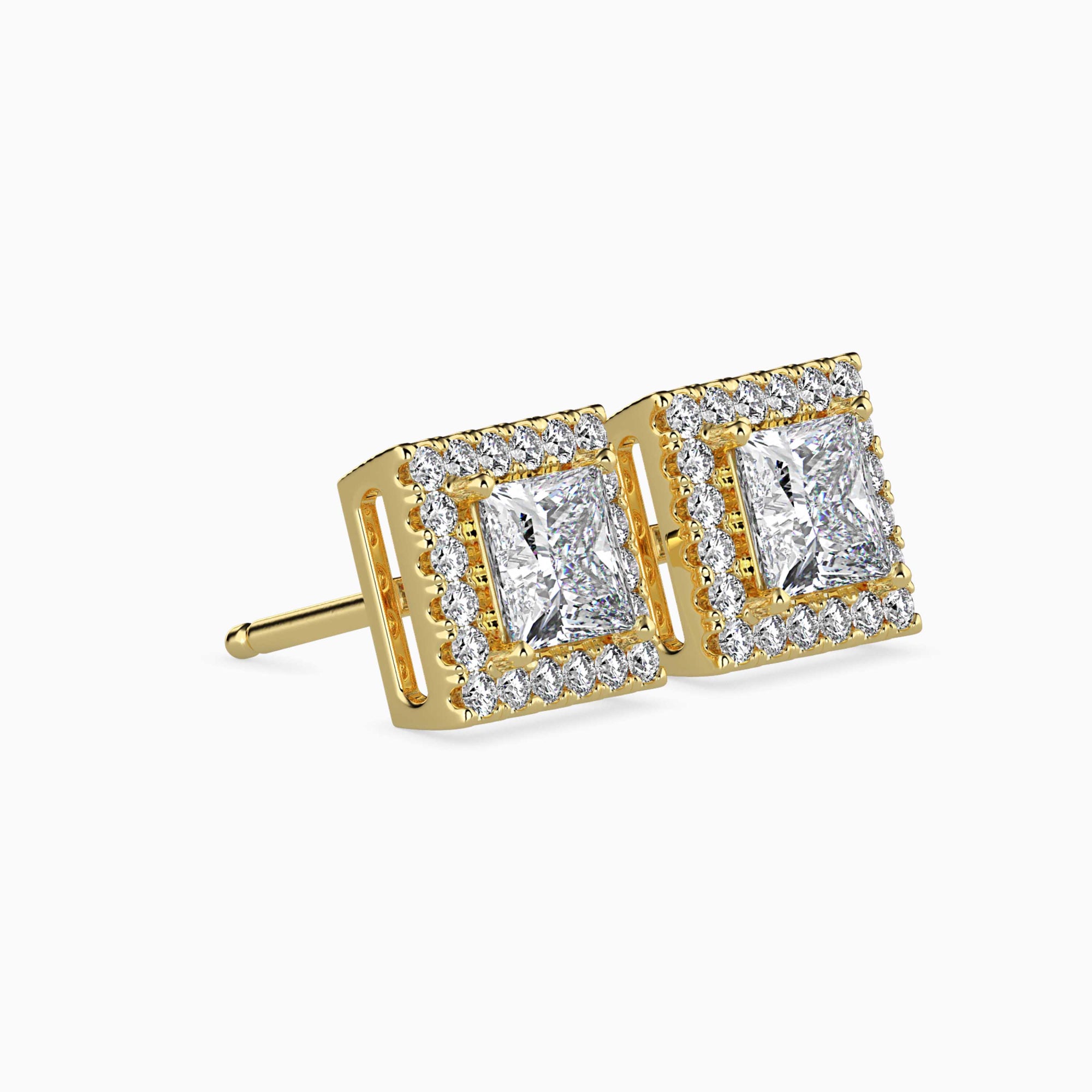 Princess Cut Lab-Grown Diamond Halo Stud Earrings in Yellow Gold