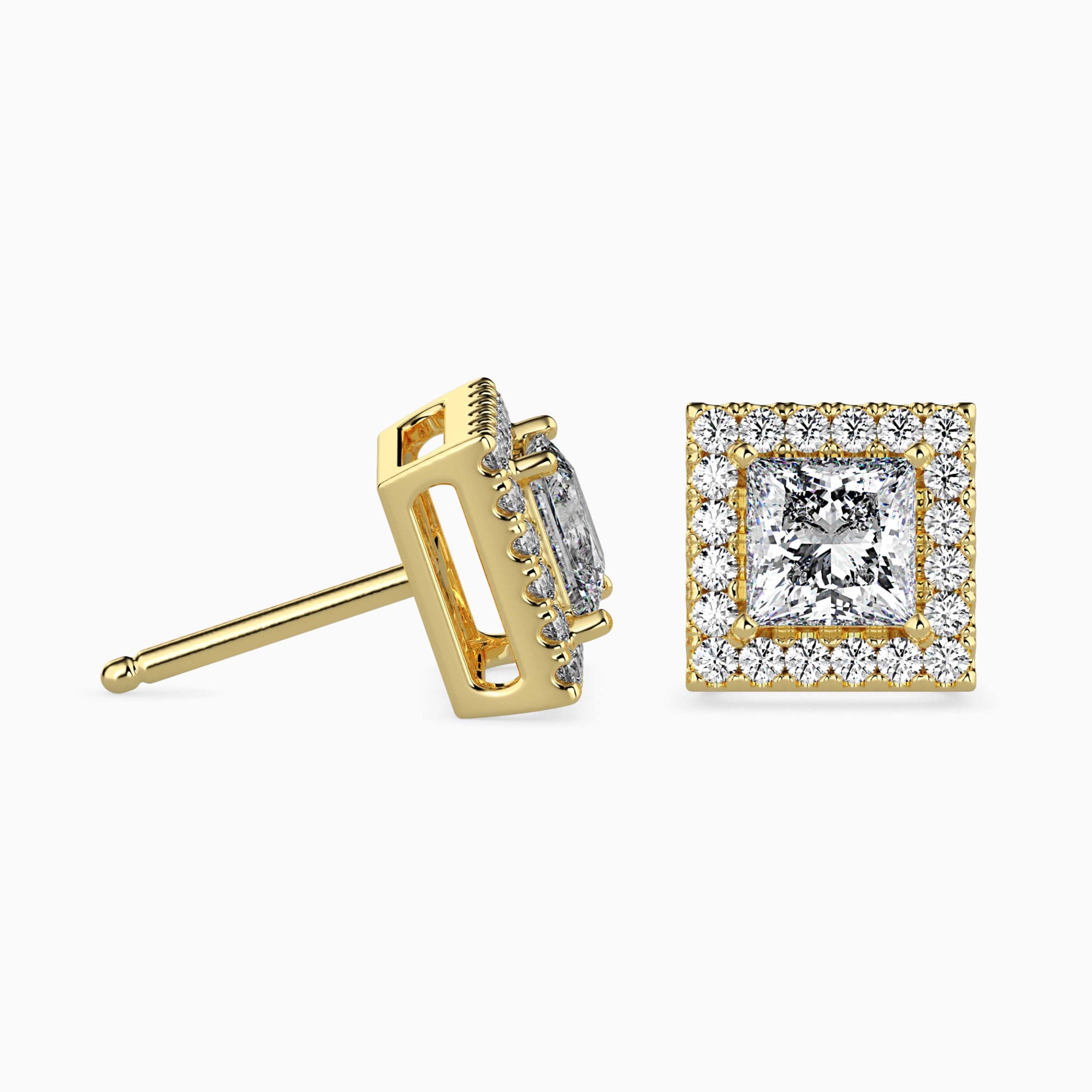 Princess Cut Lab-Grown Diamond Halo Stud Earrings in Yellow Gold