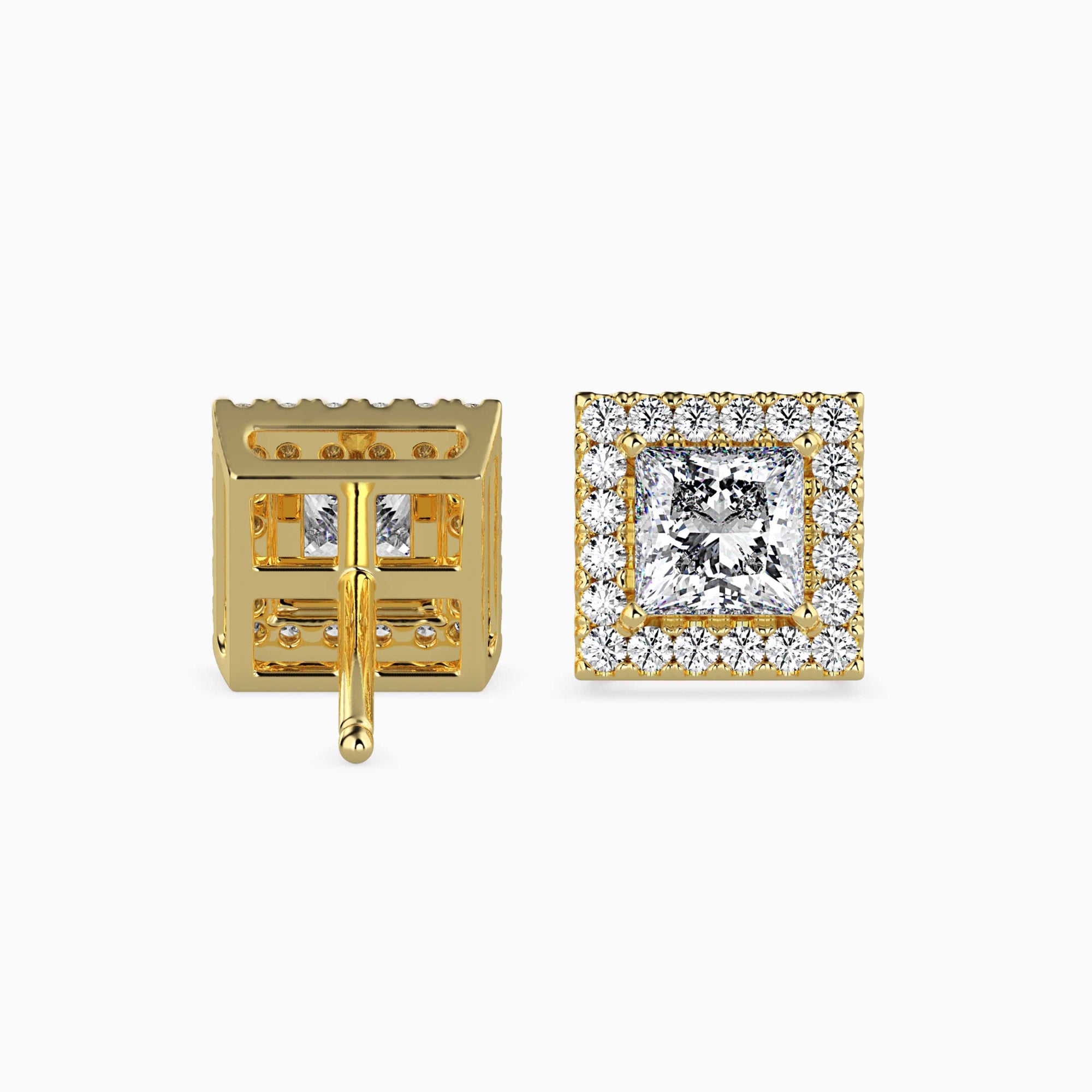 Princess Cut Lab-Grown Diamond Halo Stud Earrings in Yellow Gold