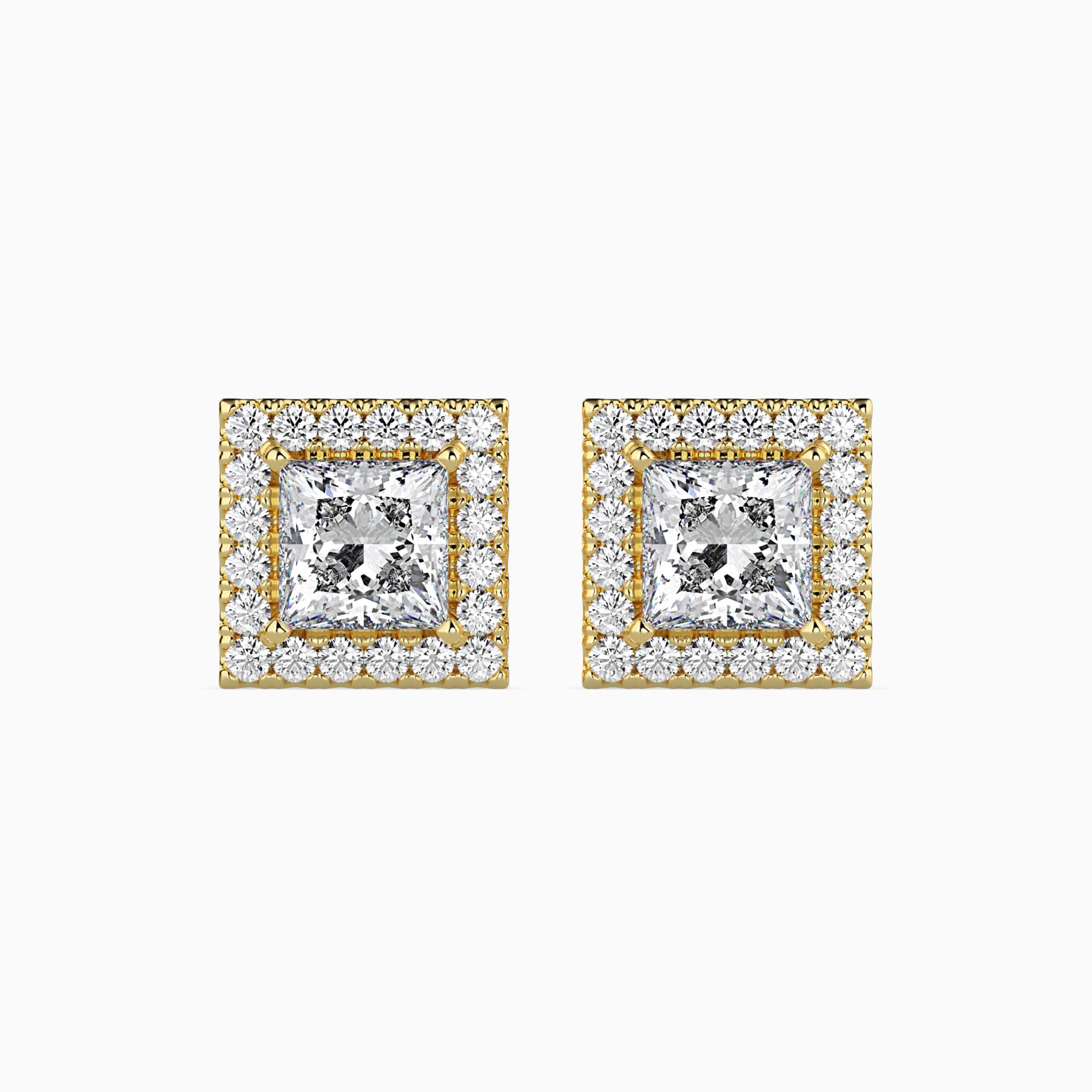 Princess Cut Lab-Grown Diamond Halo Stud Earrings in Yellow Gold