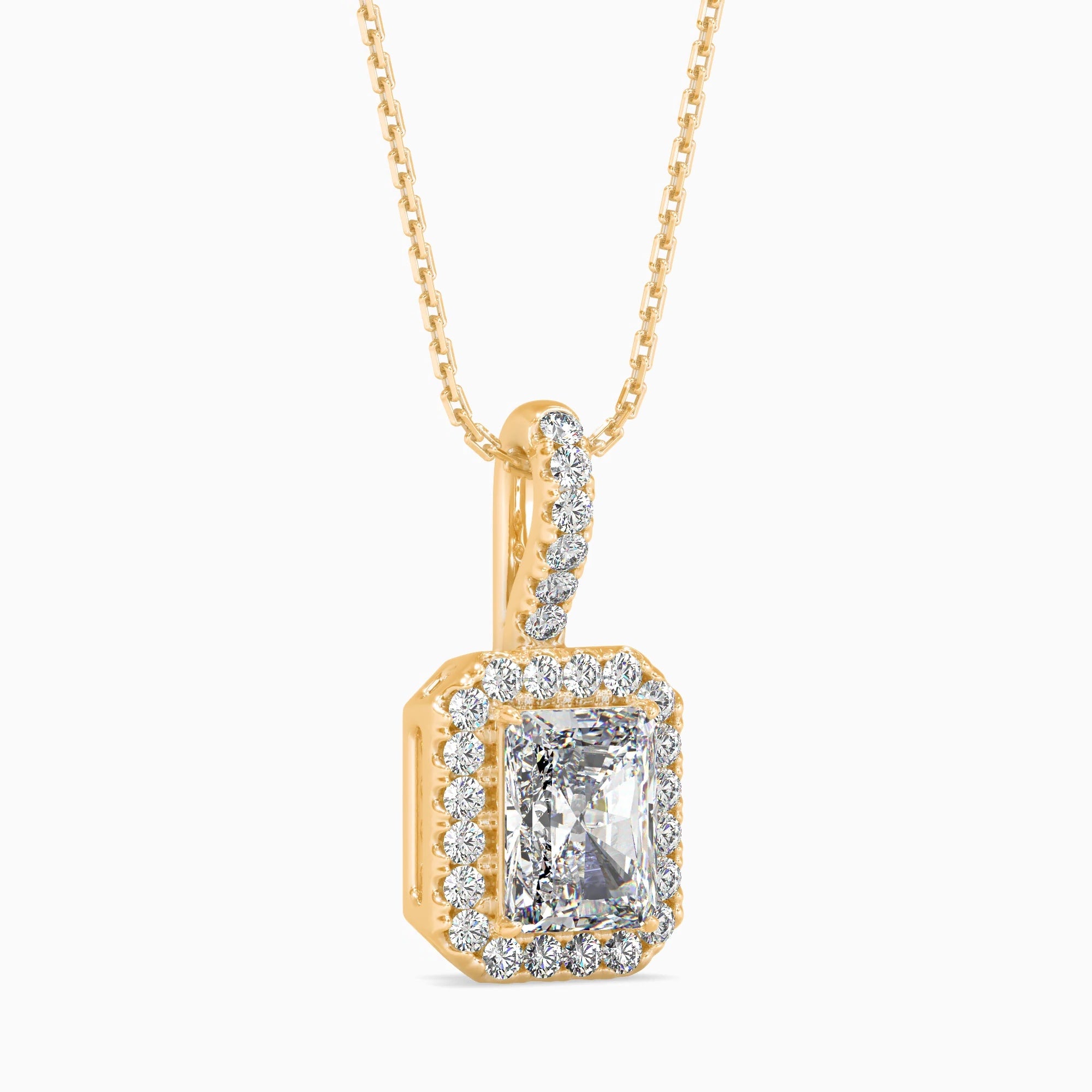 Radiant Cut Lab-Grown Diamond Halo Pendant in Yellow Gold