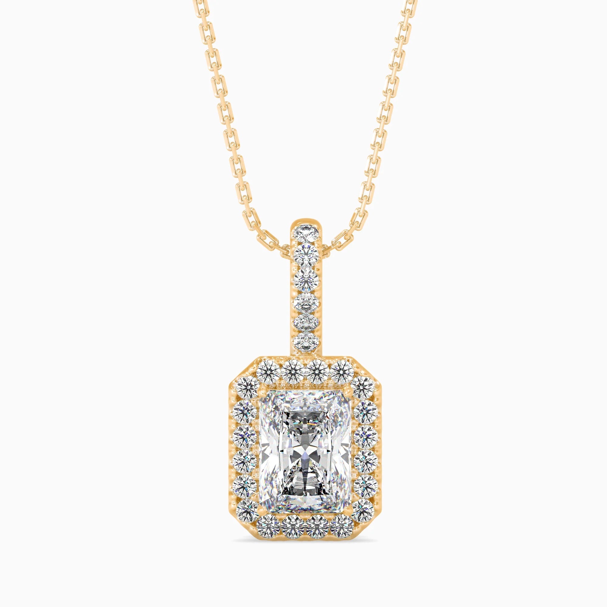 Radiant Cut Lab-Grown Diamond Halo Pendant in Yellow Gold