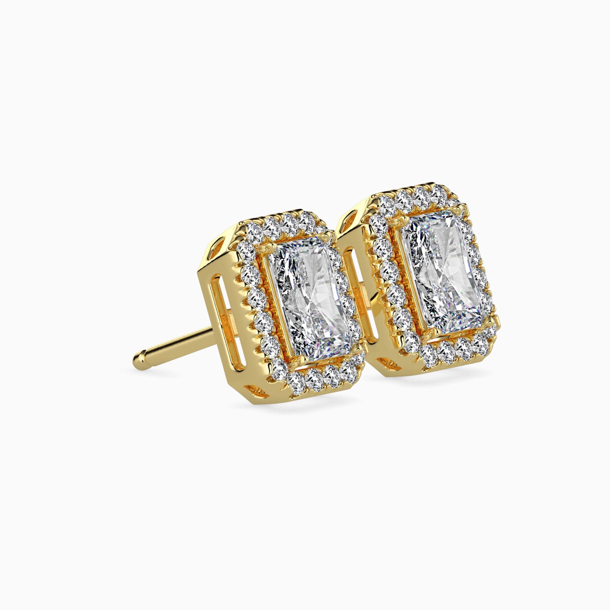Radiant Cut Lab-Grown Diamond Halo Stud Earrings in Yellow Gold