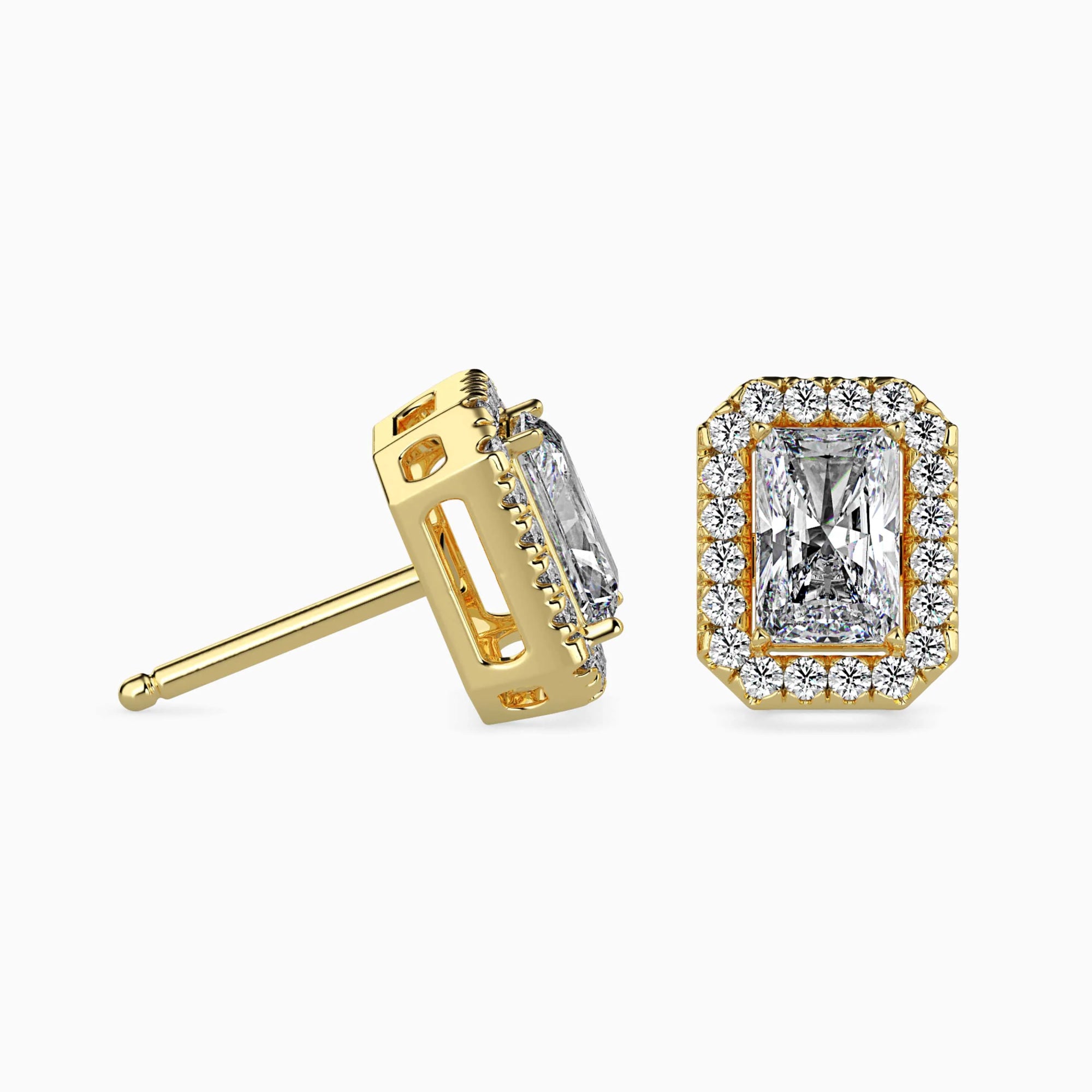 Radiant Cut Lab-Grown Diamond Halo Stud Earrings in Yellow Gold