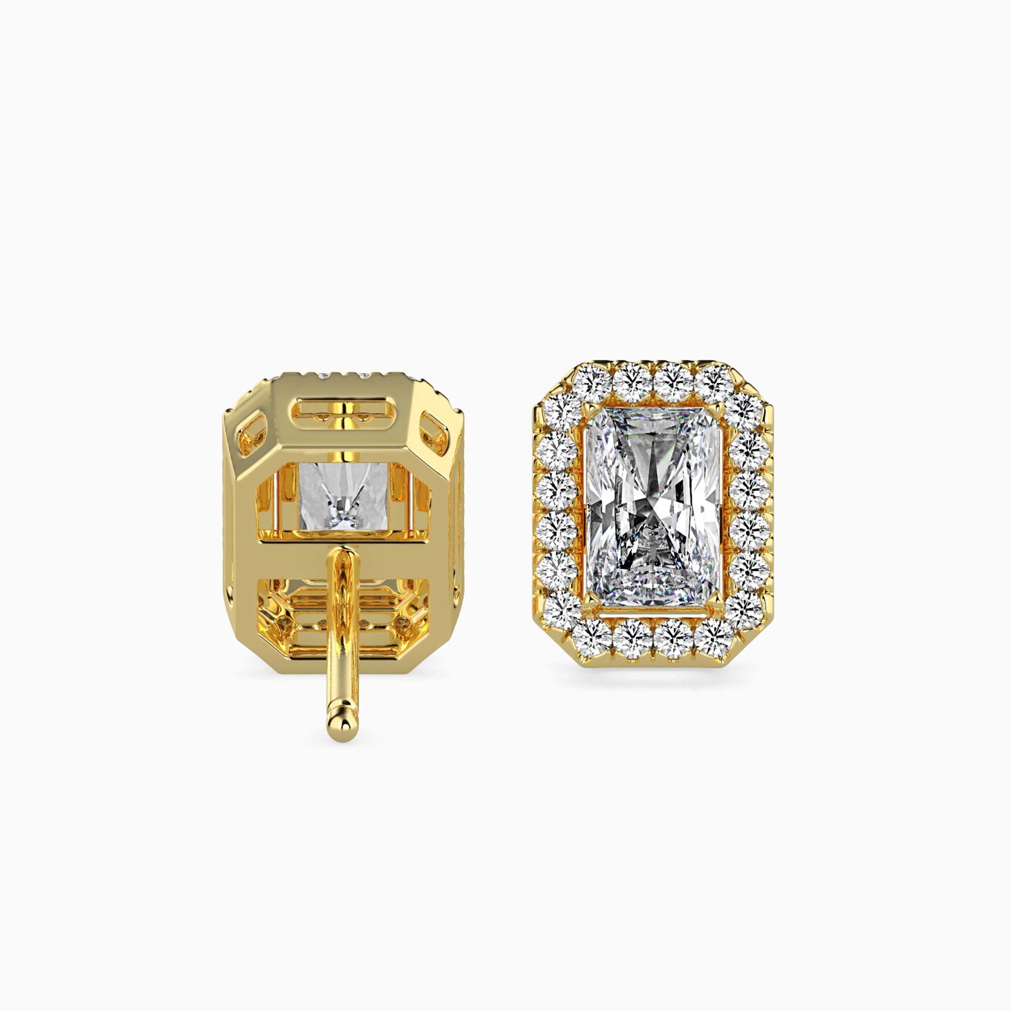 Radiant Cut Lab-Grown Diamond Halo Stud Earrings in Yellow Gold