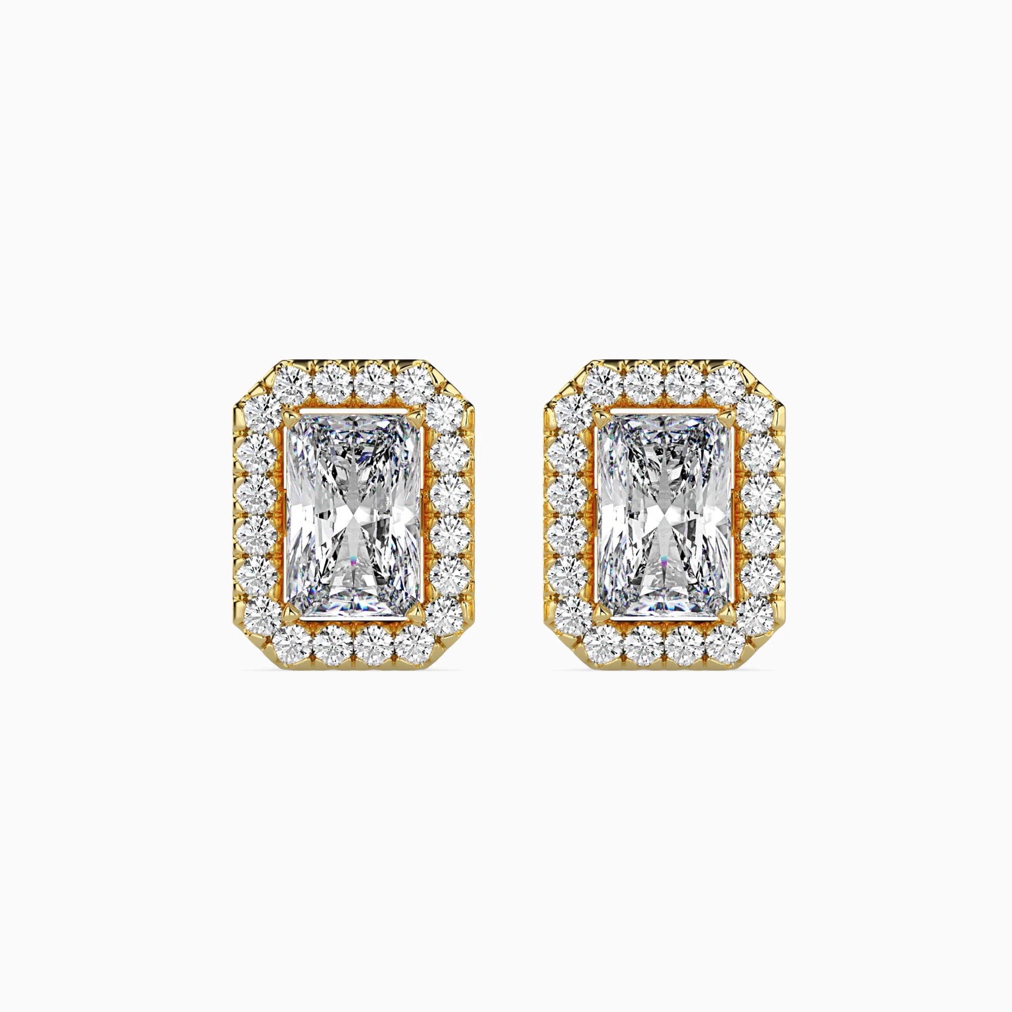Radiant Cut Lab-Grown Diamond Halo Stud Earrings in Yellow Gold