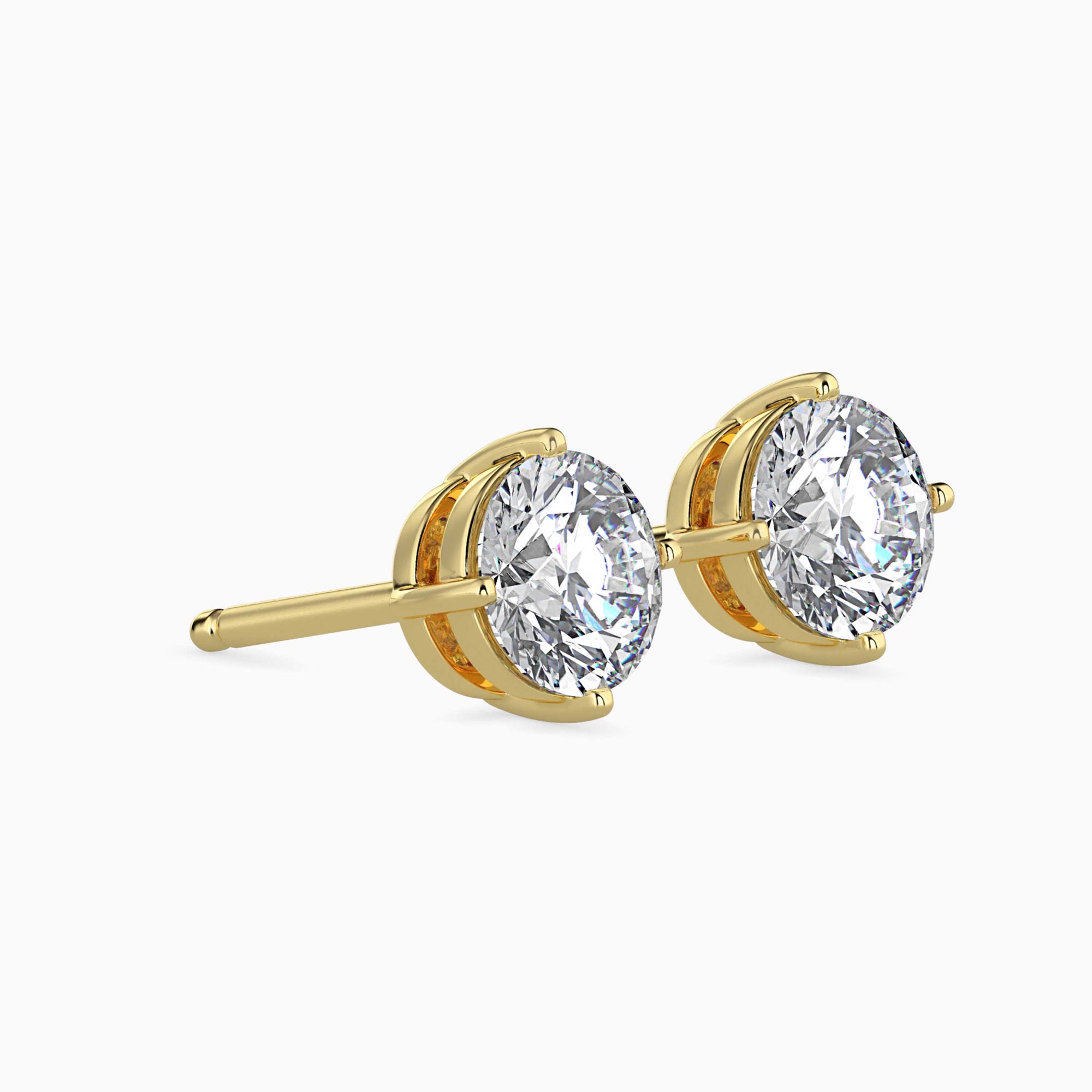 Round Brilliant Cut Lab-Grown Diamond Basket Stud Earrings in Yellow Gold Side View