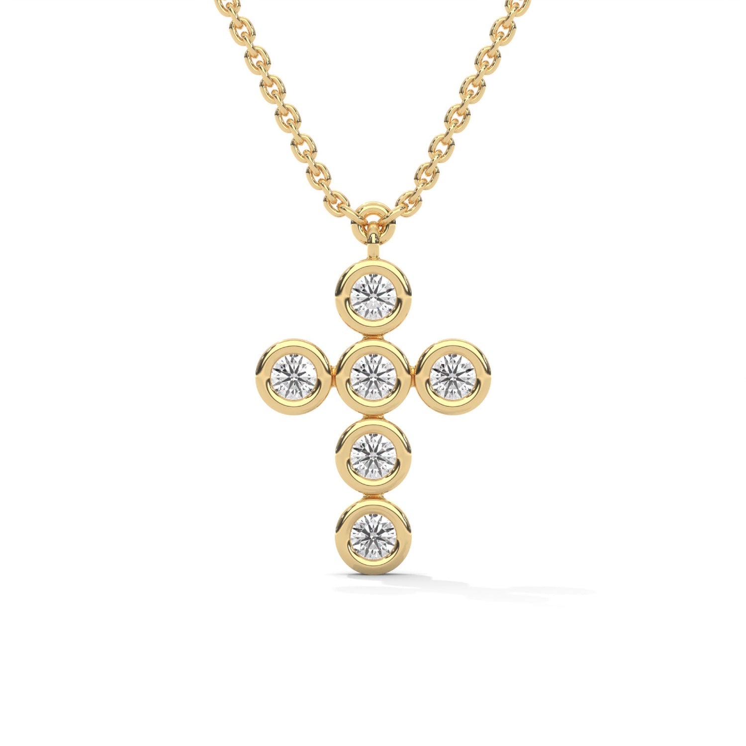 Round Brilliant Cut Lab-Grown Diamond Bezel Cross Pendant in Yellow Gold