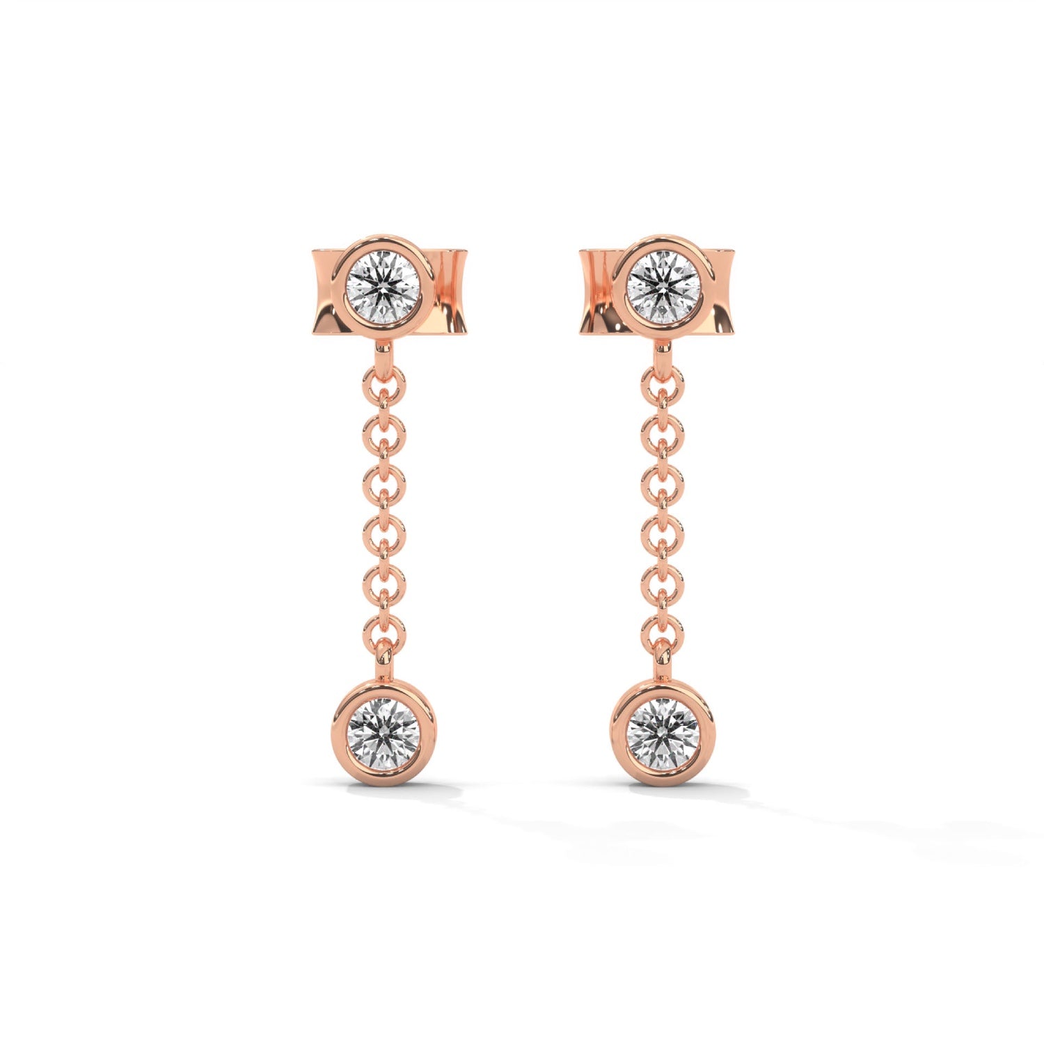 Round Brilliant Cut Lab-Grown Diamond Bezel Drop Chain Earrings in Rose Gold