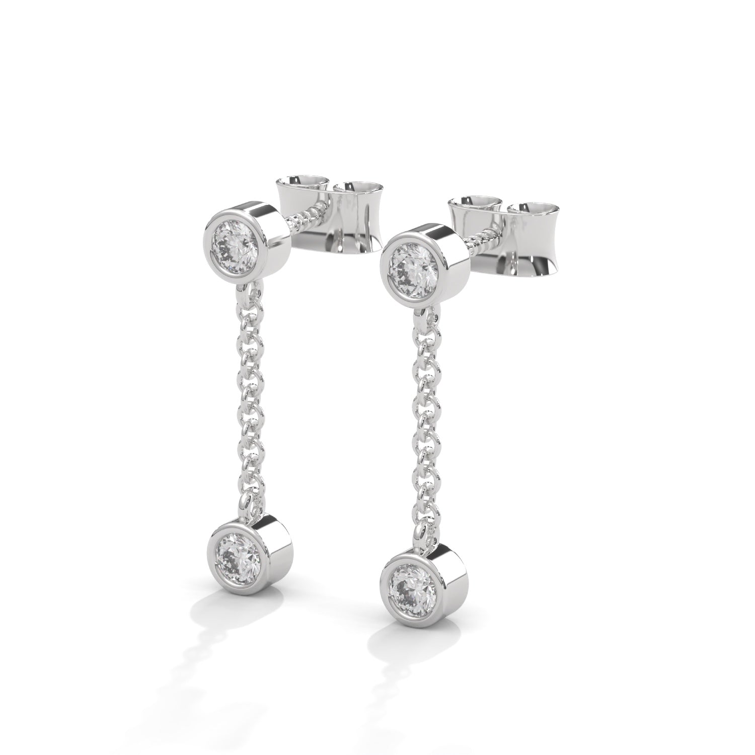 Round Brilliant Cut Lab-Grown Diamond Bezel Drop Chain Earrings in White Gold