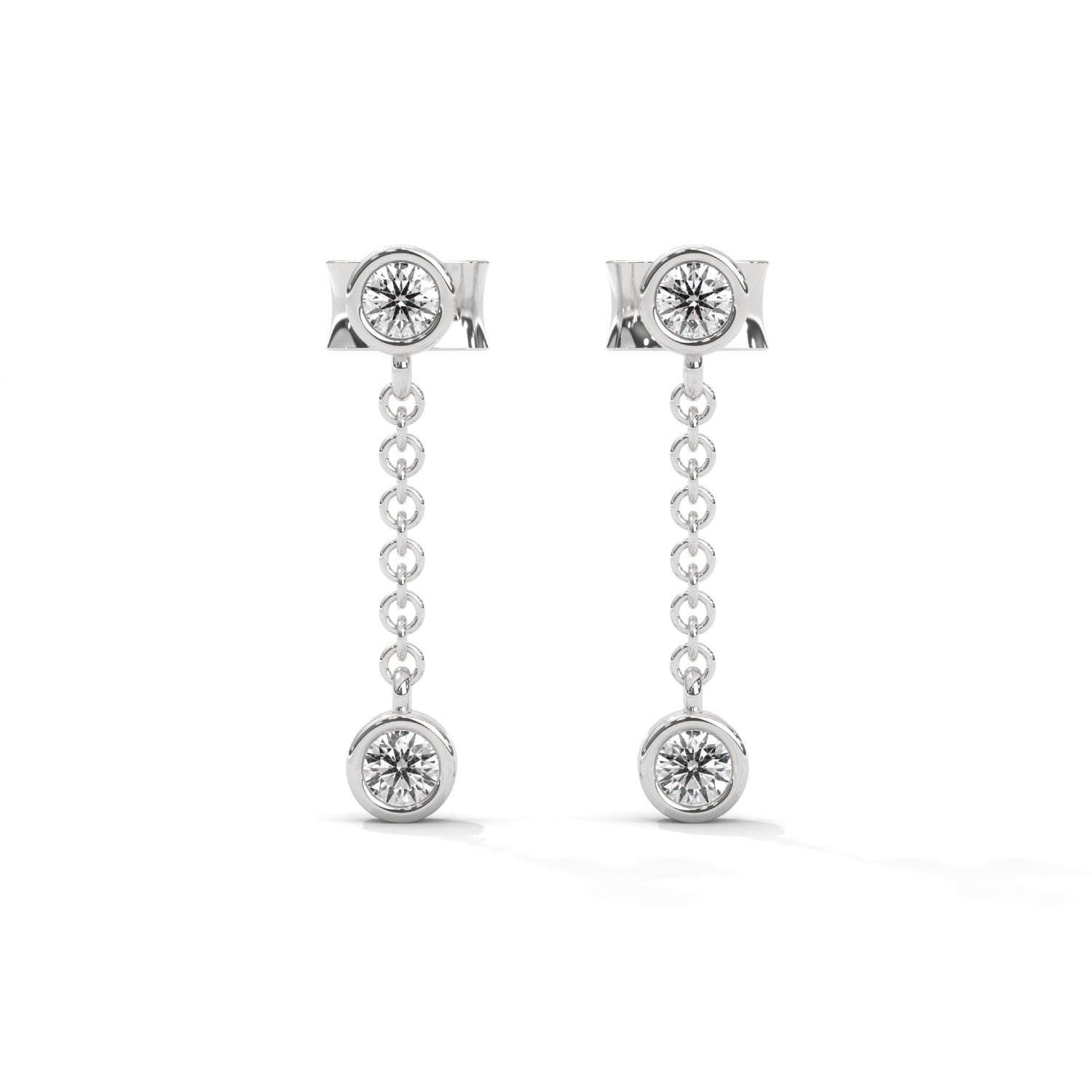 Round Brilliant Cut Lab-Grown Diamond Bezel Drop Chain Earrings in White Gold