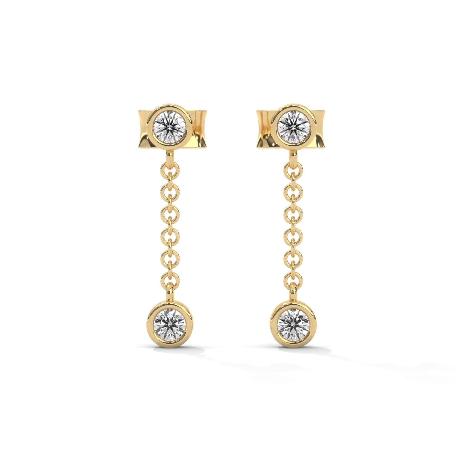 Round Brilliant Cut Lab-Grown Diamond Bezel Drop Chain Earrings in Yellow Gold