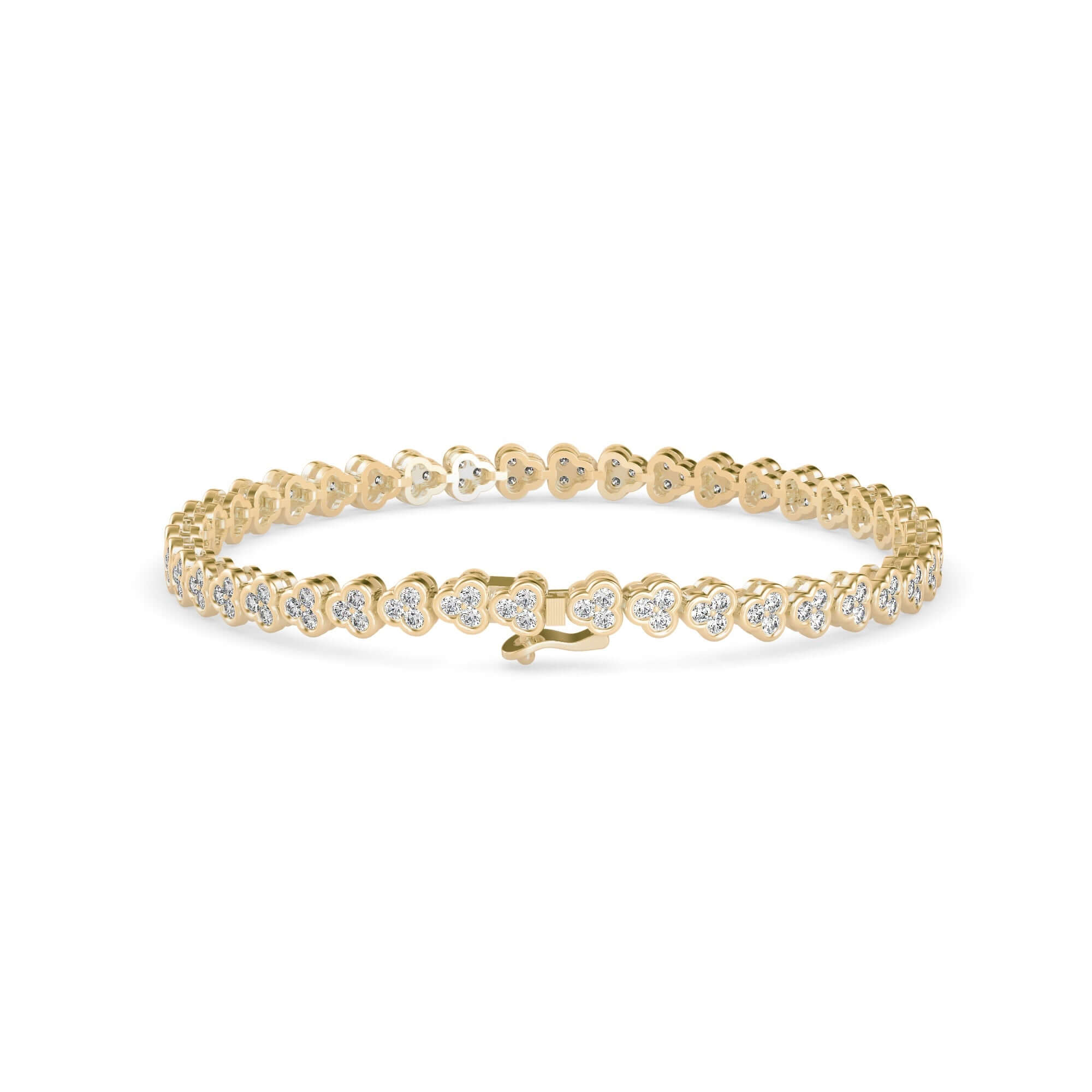 Round Brilliant Cut Lab-Grown Diamond Clover Cluster Tennis Bracelet in Yellow Gold