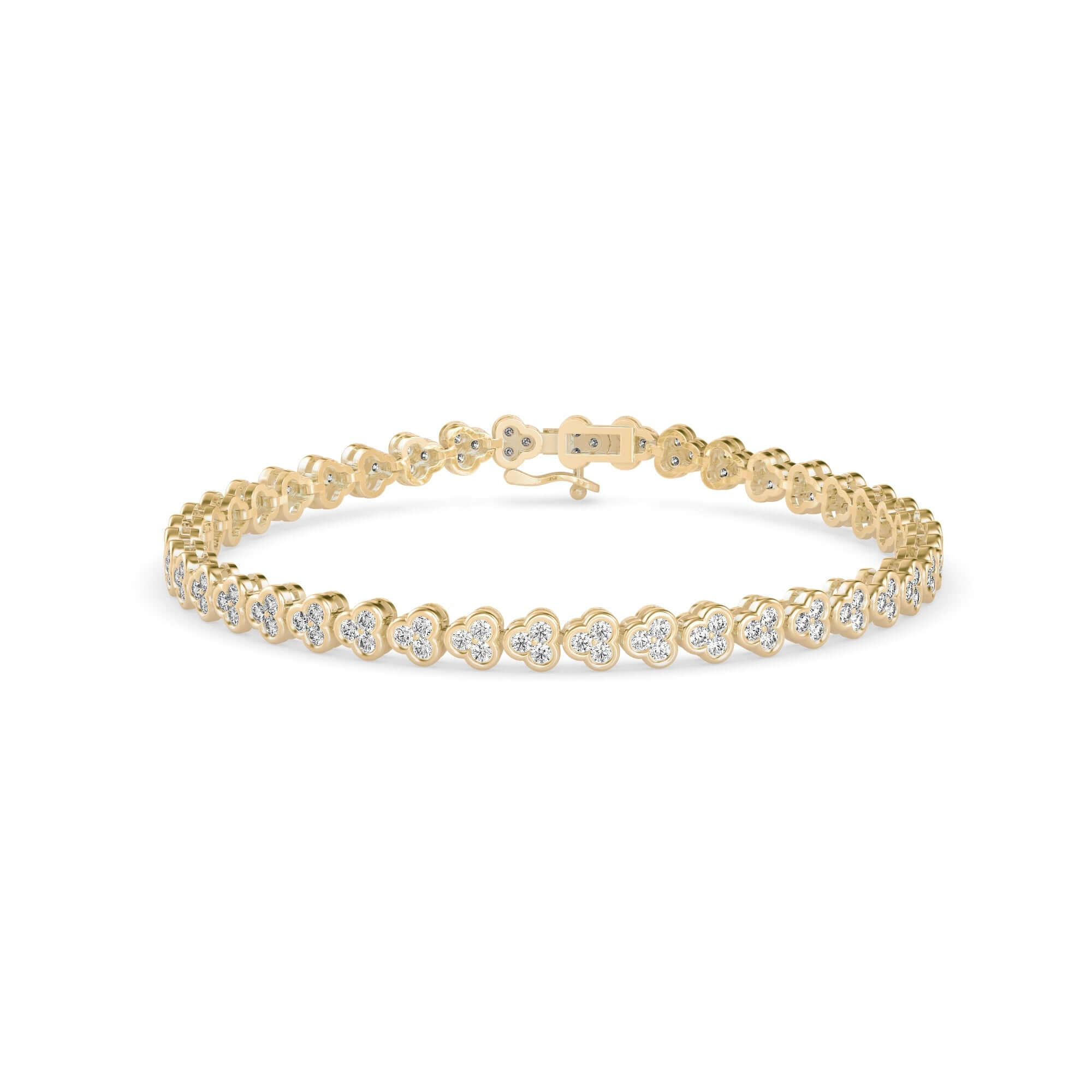 Round Brilliant Cut Lab-Grown Diamond Clover Cluster Tennis Bracelet in Yellow Gold