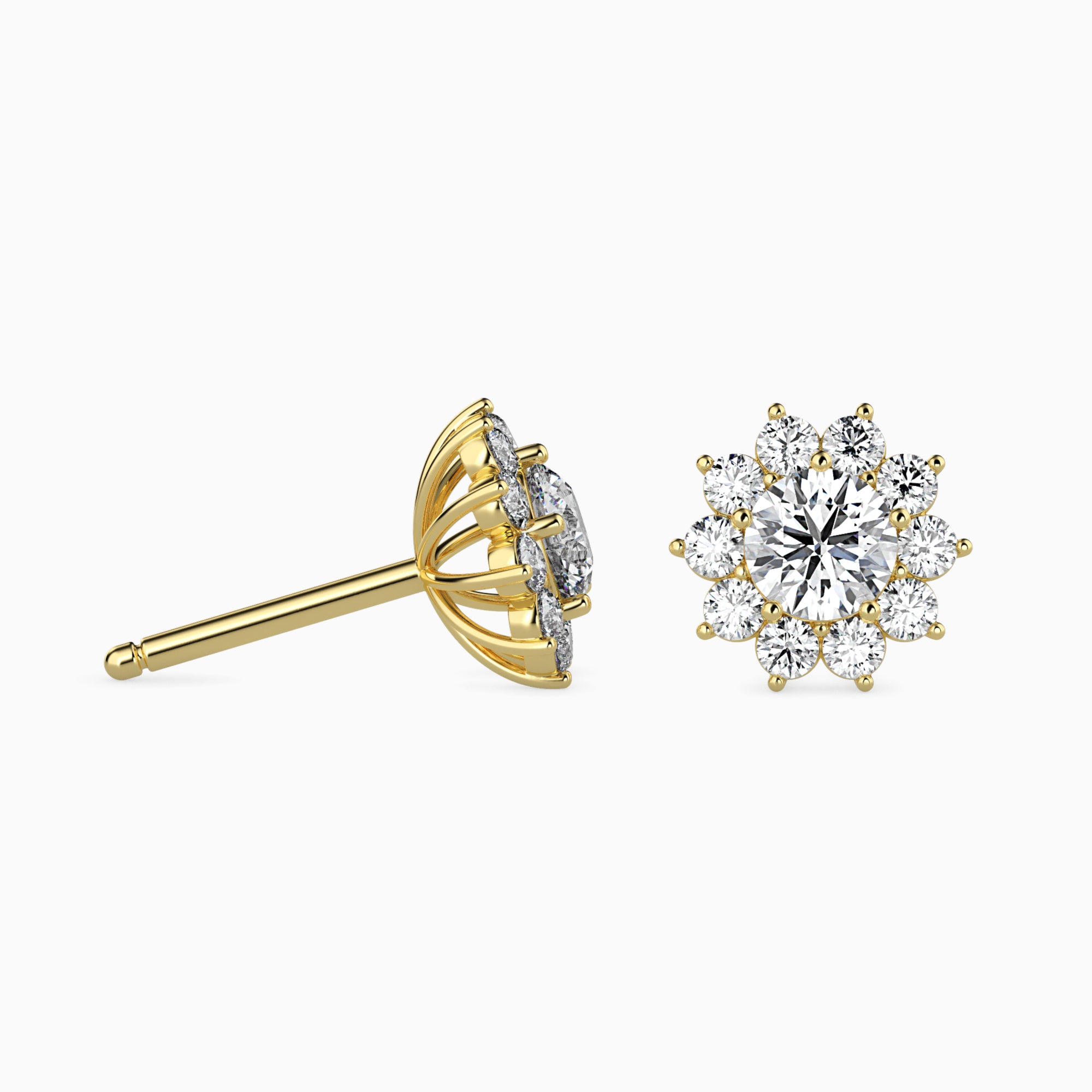 Round Brilliant Cut Lab-Grown Diamond Cluster Floral Stud Earrings in Yellow Gold