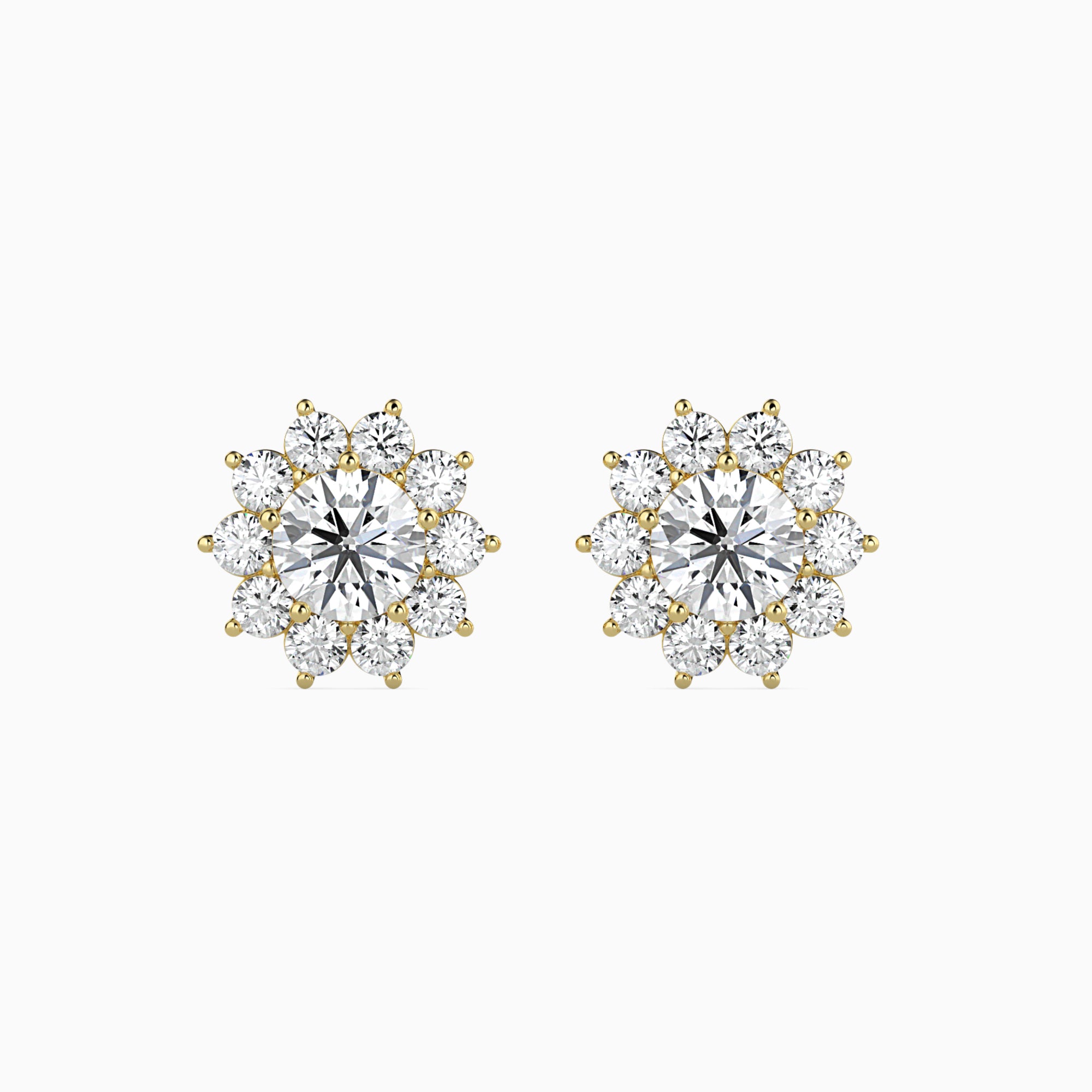 Round Brilliant Cut Lab-Grown Diamond Cluster Floral Stud Earrings in Yellow Gold