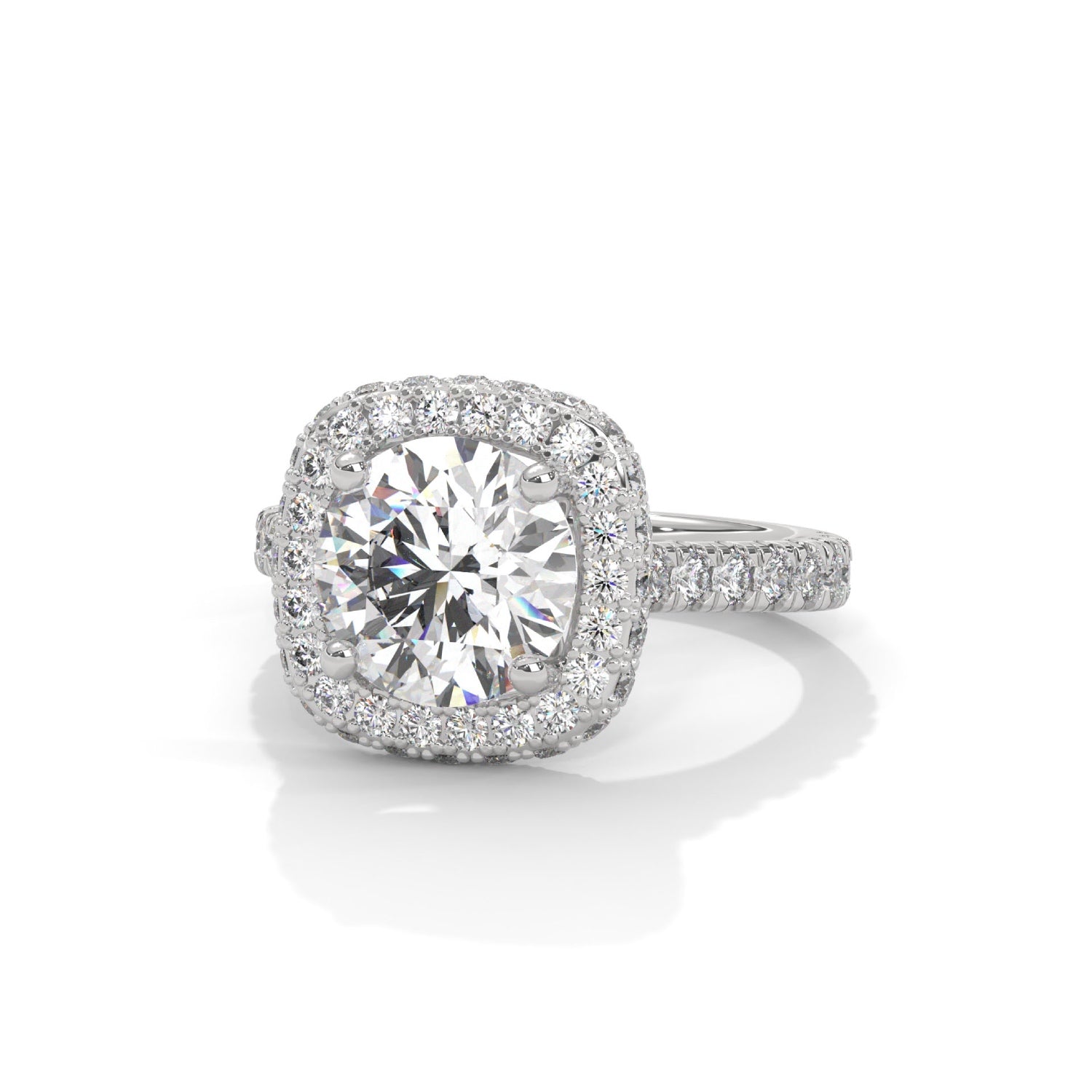 Round Brilliant Cut Lab-Grown Diamond Cushion Halo Engagement Ring in White Gold