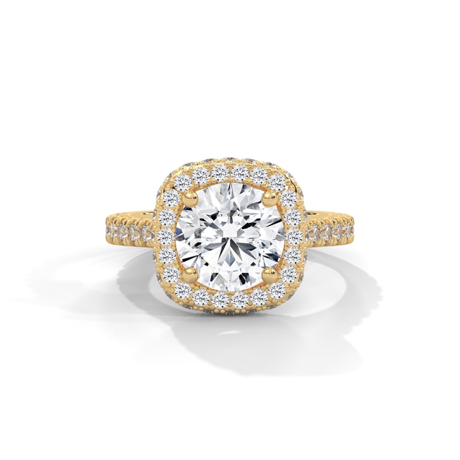 Round Brilliant Cut Lab-Grown Diamond Cushion Halo Engagement Ring in Yellow Gold