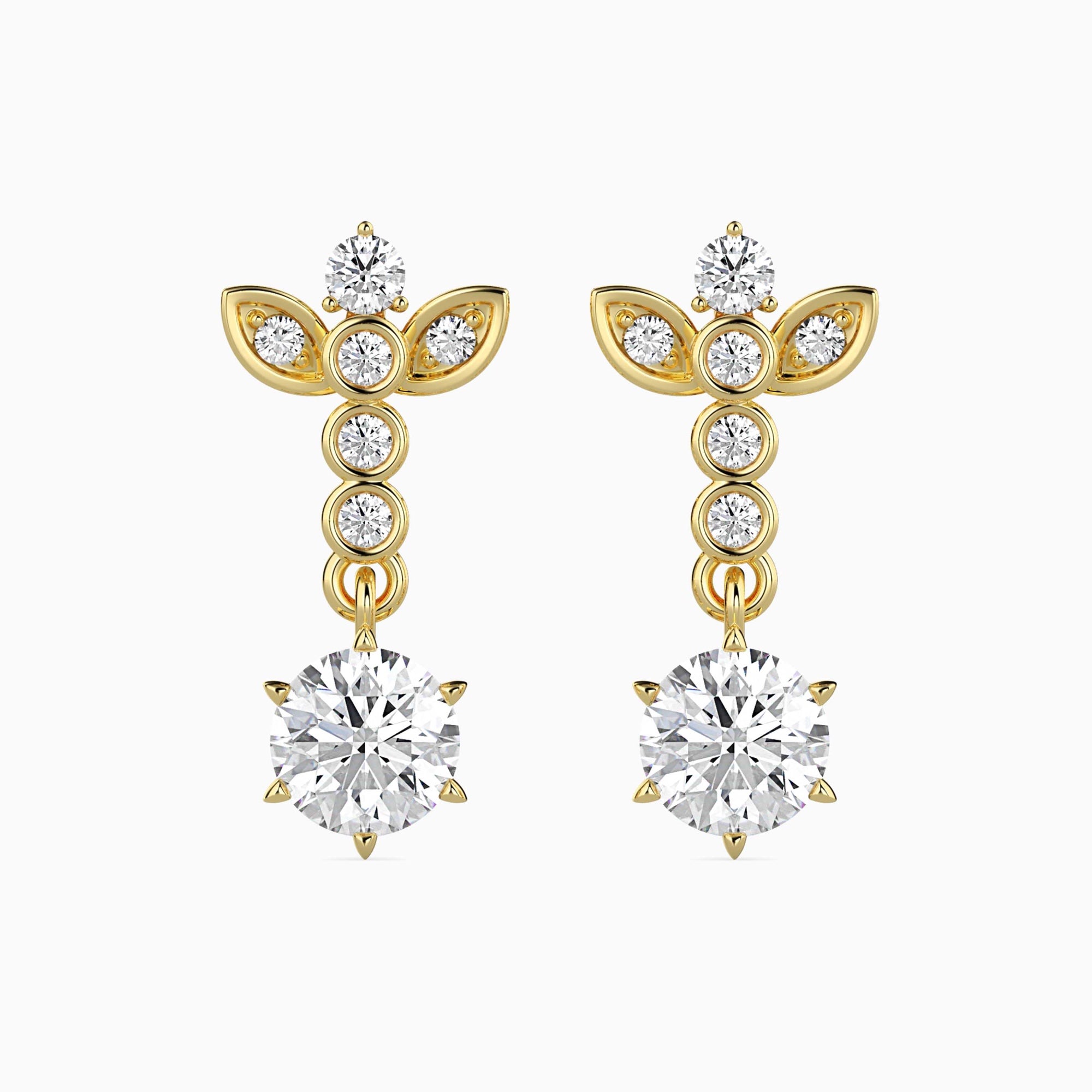 Round Brilliant Cut Lab-Grown Diamond Floral Drop Earrings in Yellow Gold