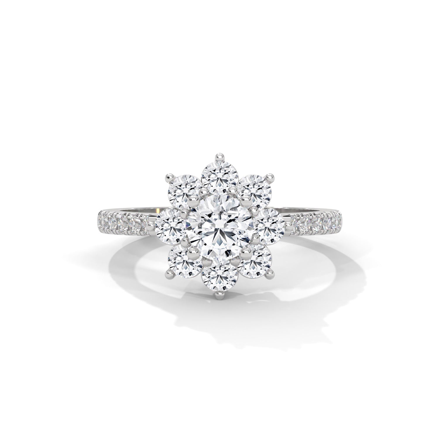 Round Brilliant Cut Lab-Grown Diamond Floral Halo Engagement Ring in White Gold