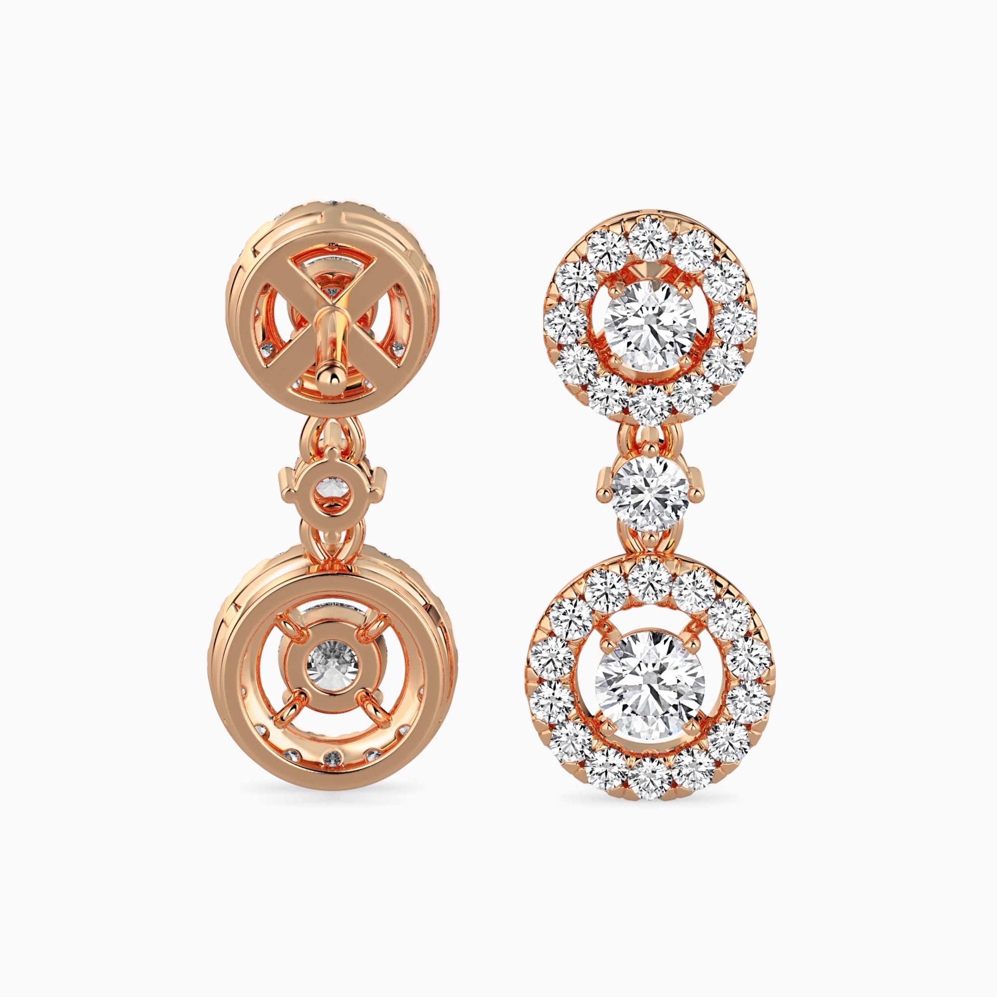 Round Brilliant Cut Lab-Grown Diamond Halo Drop Earrings in Rose Gold