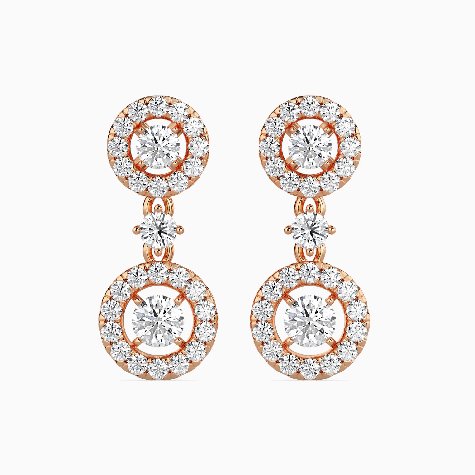 Round Brilliant Cut Lab-Grown Diamond Halo Drop Earrings in Rose Gold