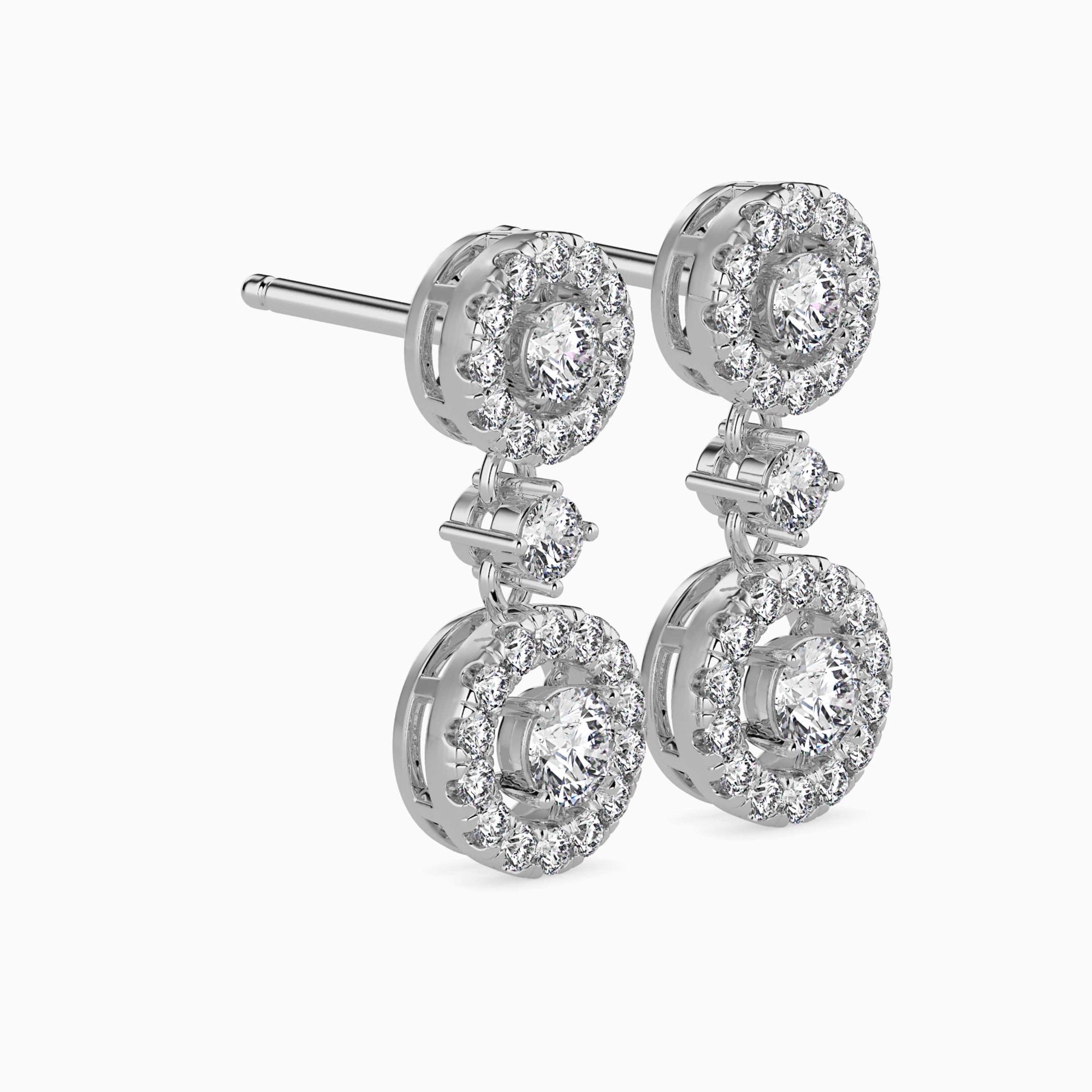 Round Brilliant Cut Lab-Grown Diamond Halo Drop Earrings in White Gold