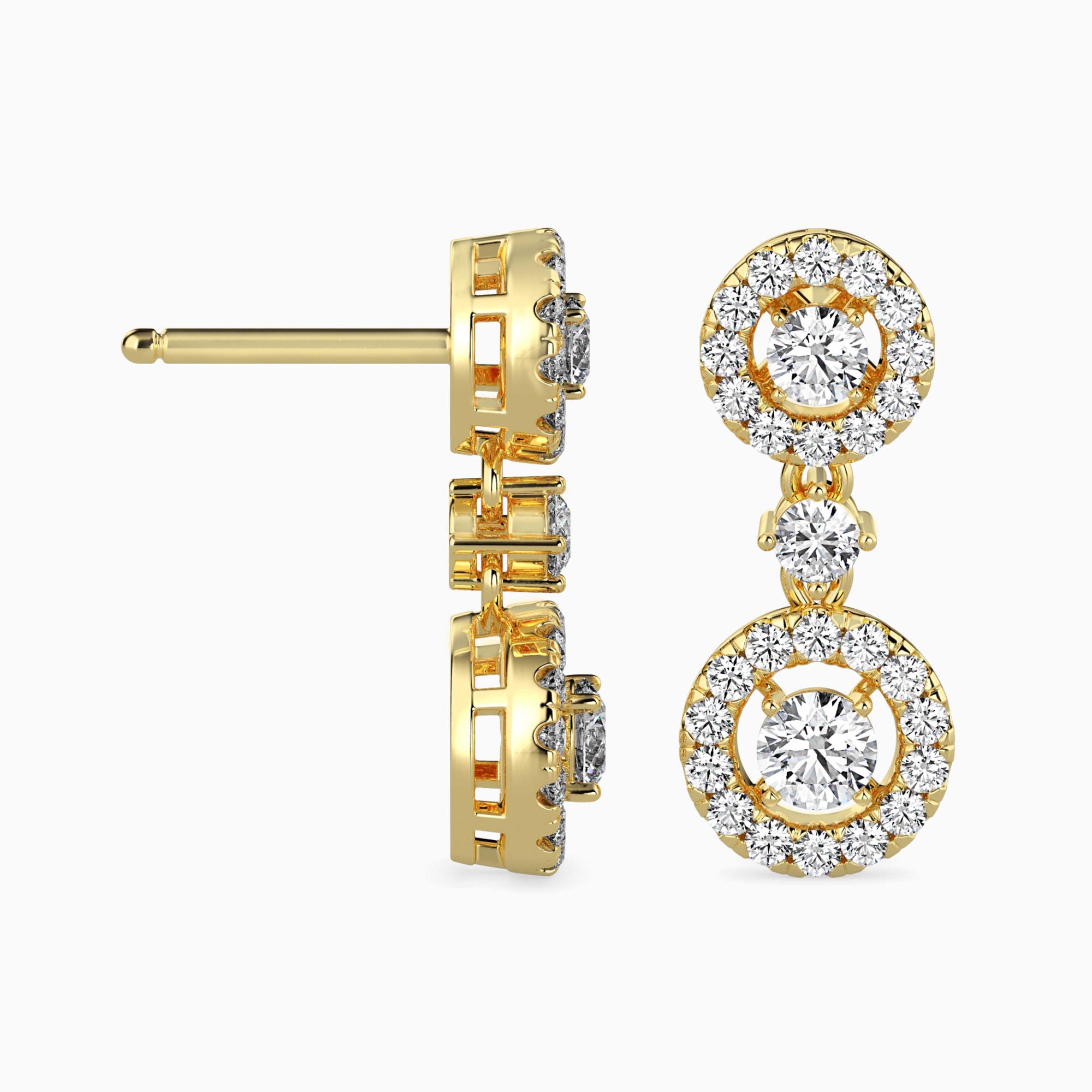 Round Brilliant Cut Lab-Grown Diamond Halo Drop Earrings in Yellow Gold