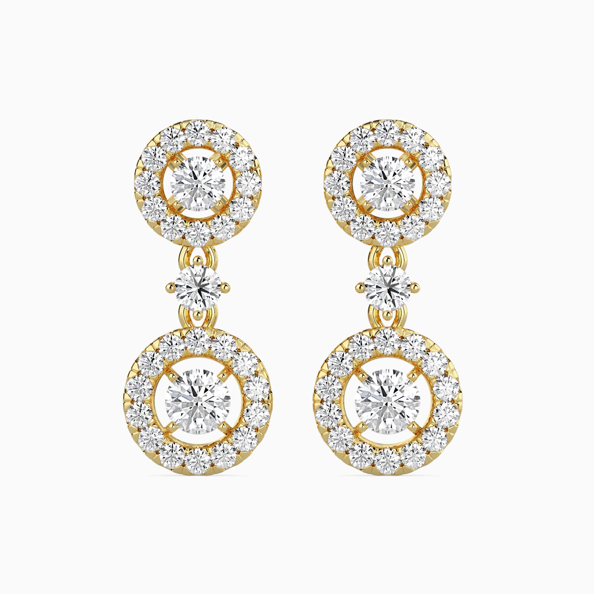 Round Brilliant Cut Lab-Grown Diamond Halo Drop Earrings in Yellow Gold