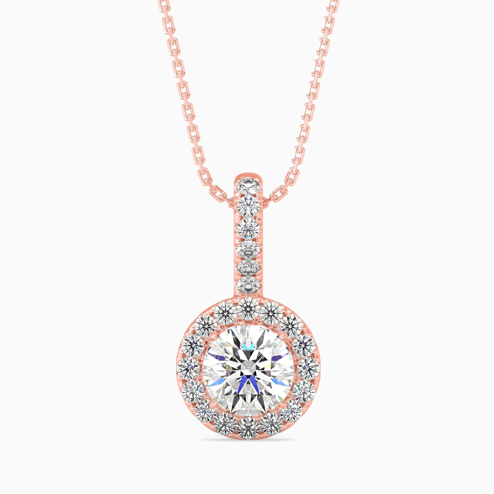 Round Brilliant Cut Lab-Grown Diamond Halo Pendant in Rose Gold