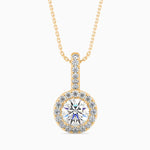 Round Brilliant Cut Lab-Grown Diamond Halo Pendant in Yellow Gold